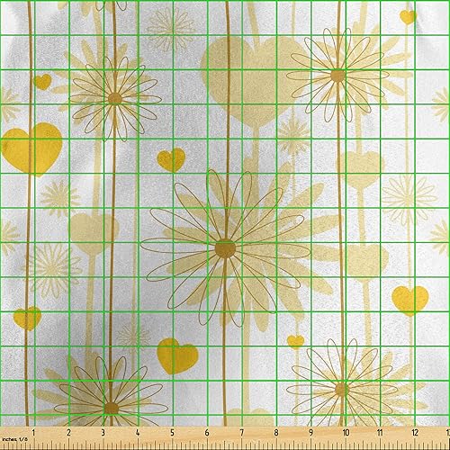 Miniatura 3 de Ambesonne Yellow Fabric by The Yard, Dreamy Floral Composition with Hearts Valentines Day Inspired Pattern Spring, Decorative Satin Fabric for Home