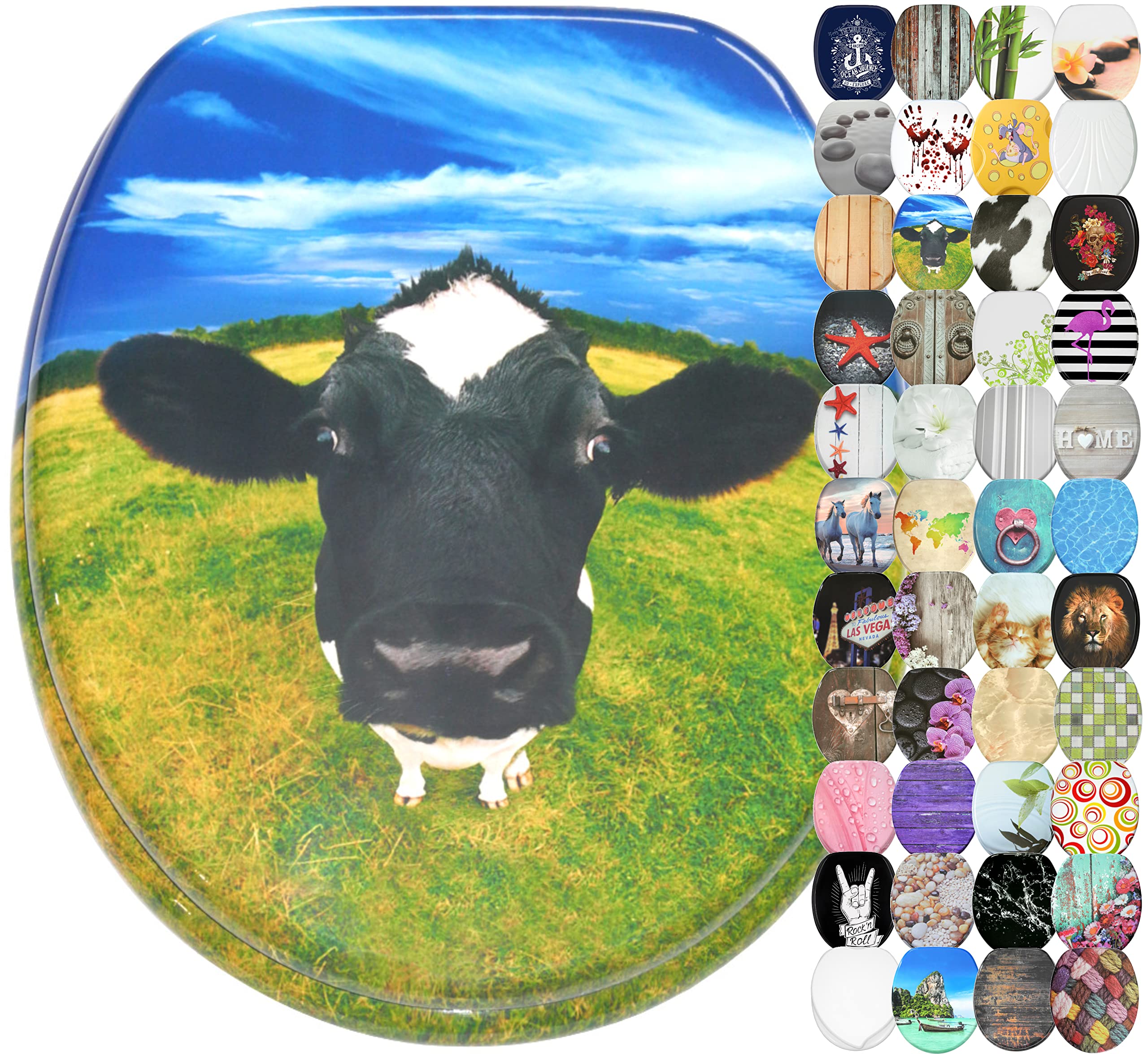 Sanilo Soft Close Toilet Seat, Wide Choice of Beautiful Toilet Seats, Stable Hinges, Easy to Mount (Cow)