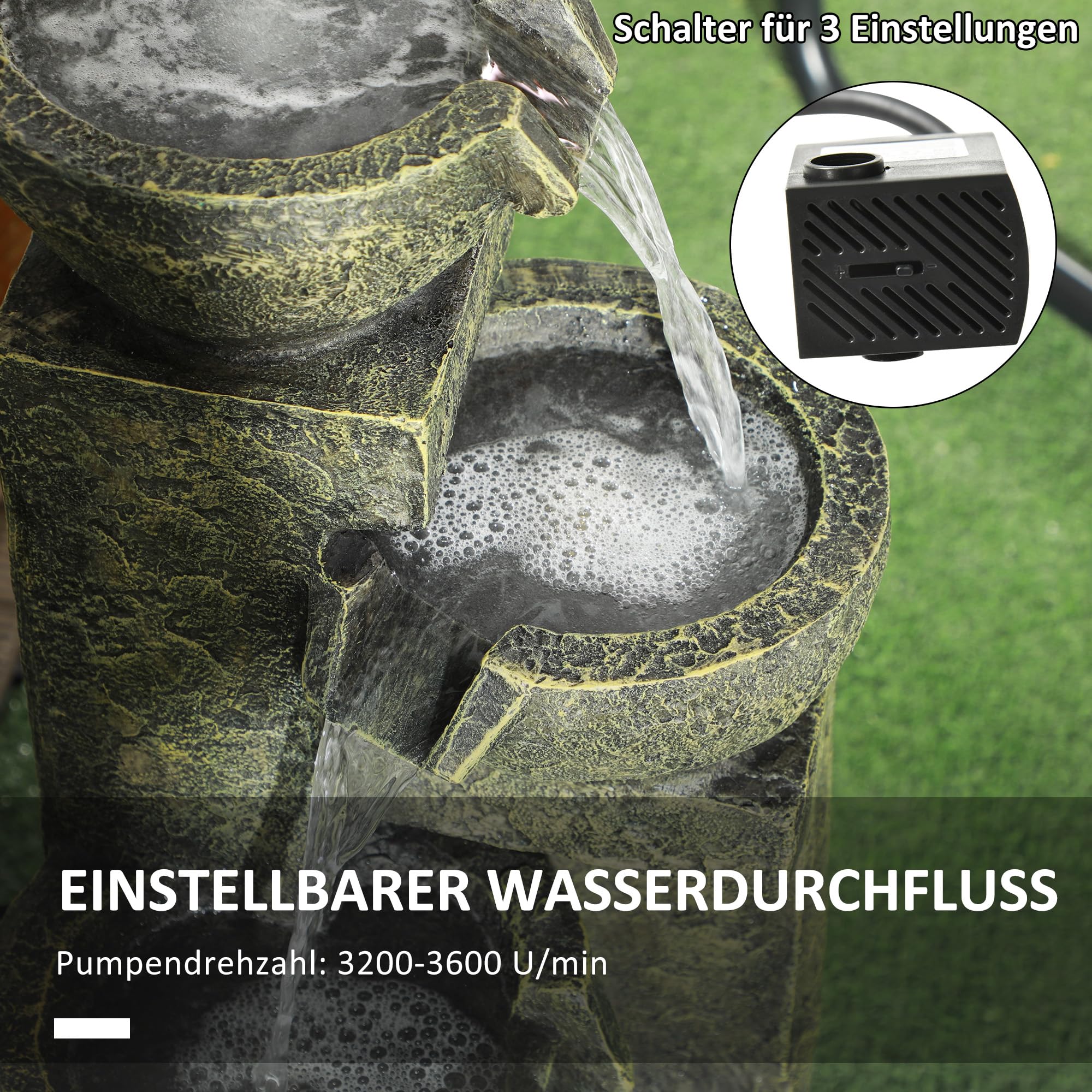 Outsunny Gartenbrunnen, Springbrunnen mit Einstellbarer Strömung, 4 Stufen Zierbrunnen, Wasserspiel, Wasserfall für Garten, Gartenteich, Terrasse, Kunstharz
