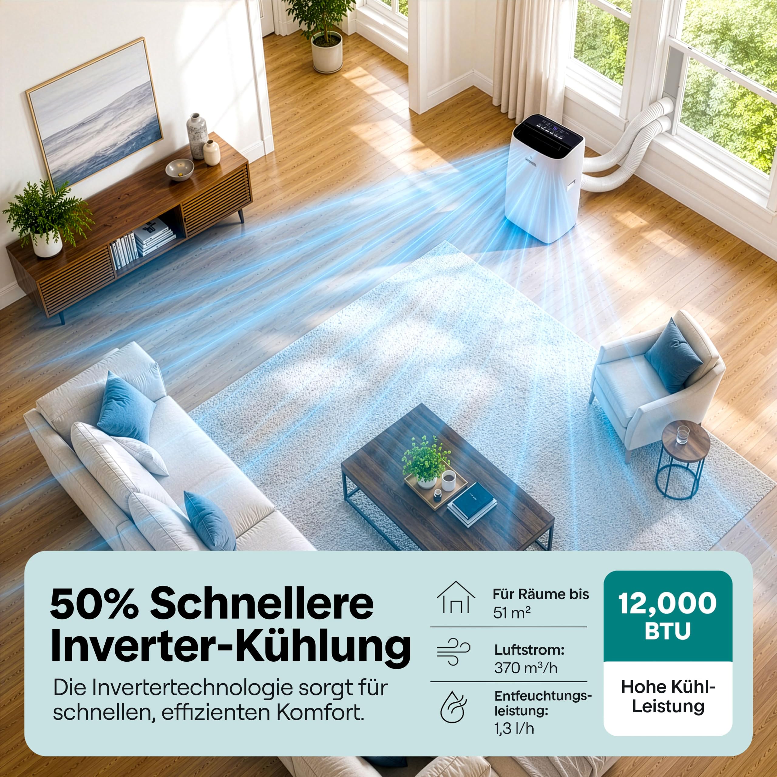 SereneLife Aire Acondicionado Inverter Móvil 12000 BTU WiFi 4 en 1: Refrigeración, Calefacción, Deshumidificación y Ventilación, Kit de Ventana, Ruedas, Silencioso,