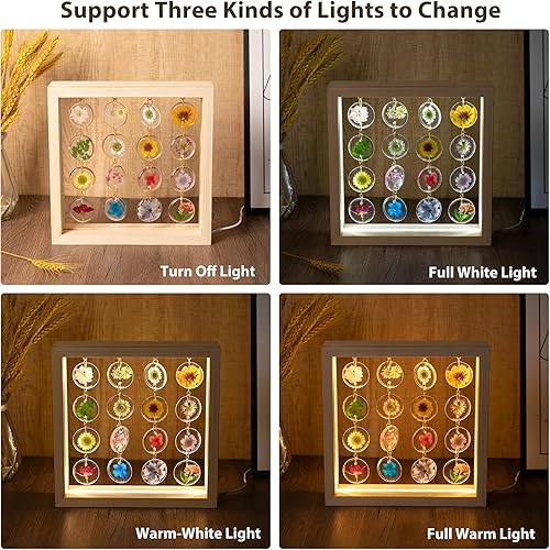 Miniatura 6 de SMUK Lámpara LED de escritorio hecha a mano, 3 vías regulables, bonita lámpara de noche de flores prensadas con marco de madera para escritorio,