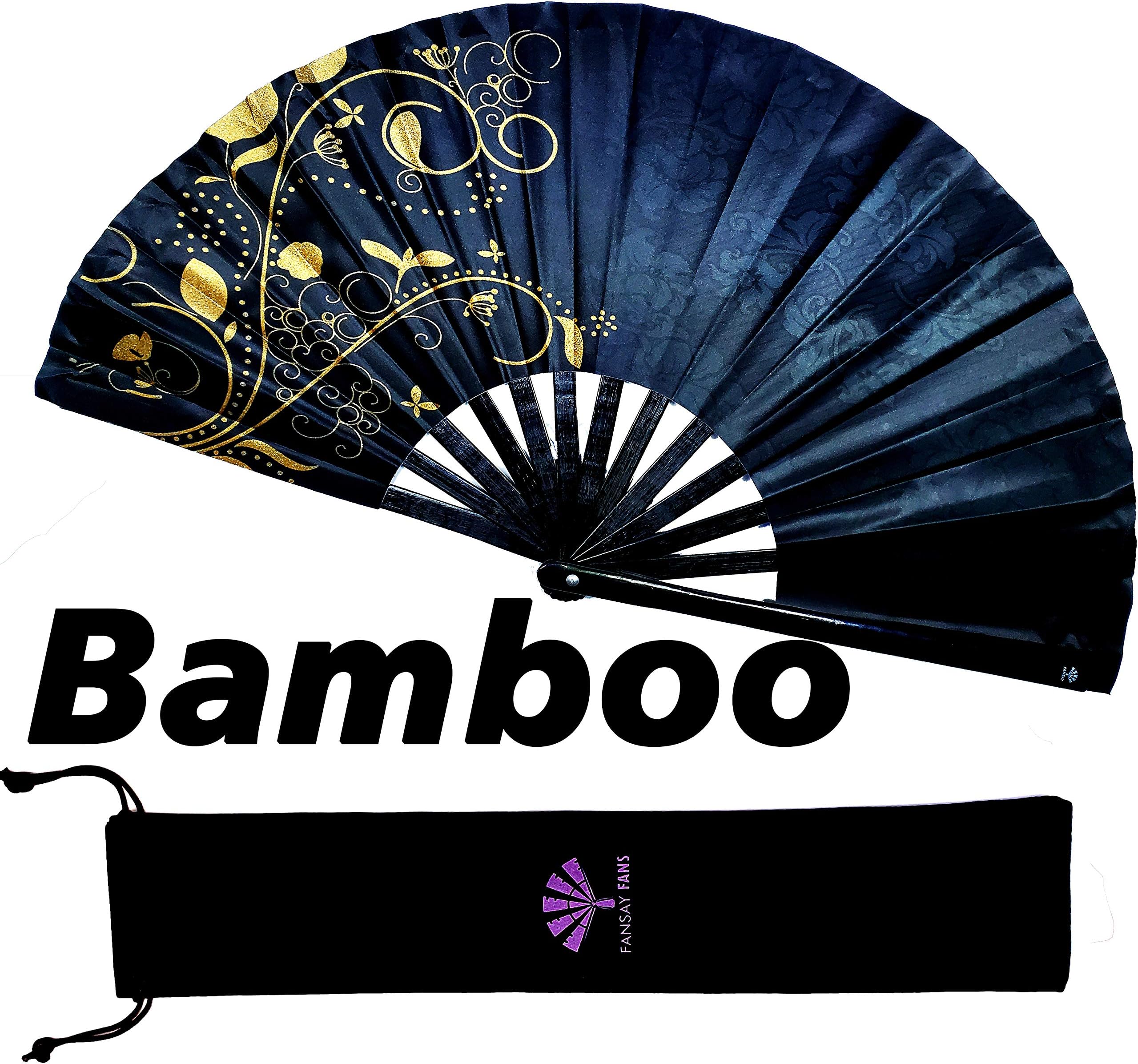 Fansay Fans-Large Bamboo Folding Fan for Men/Women-Chinese Japanese Asian Big Hand Fan w/Velvet Bag - for Festival Clothing Rave LGBT Pride and Gear, Decoration, Gift - Clack Fan (Black Fansay)