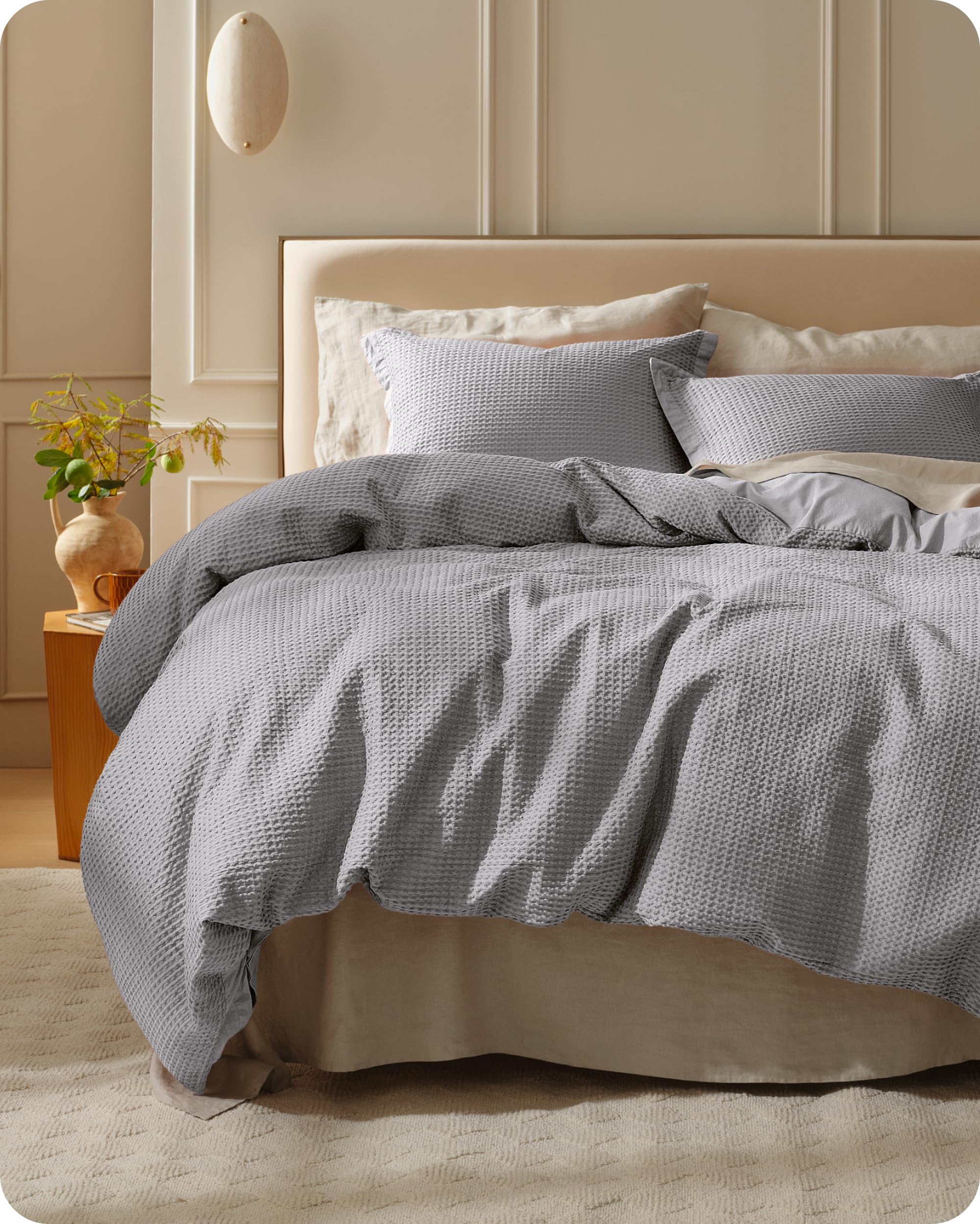 Photo 1 of Bedsure Cotton Duvet Cover Queen - 100% Cotton Waffle Weave Grey Duvet Cover Queen Size, PureWoven Breathable Bedding Set for All Season, 3 Pieces, 90"x90"