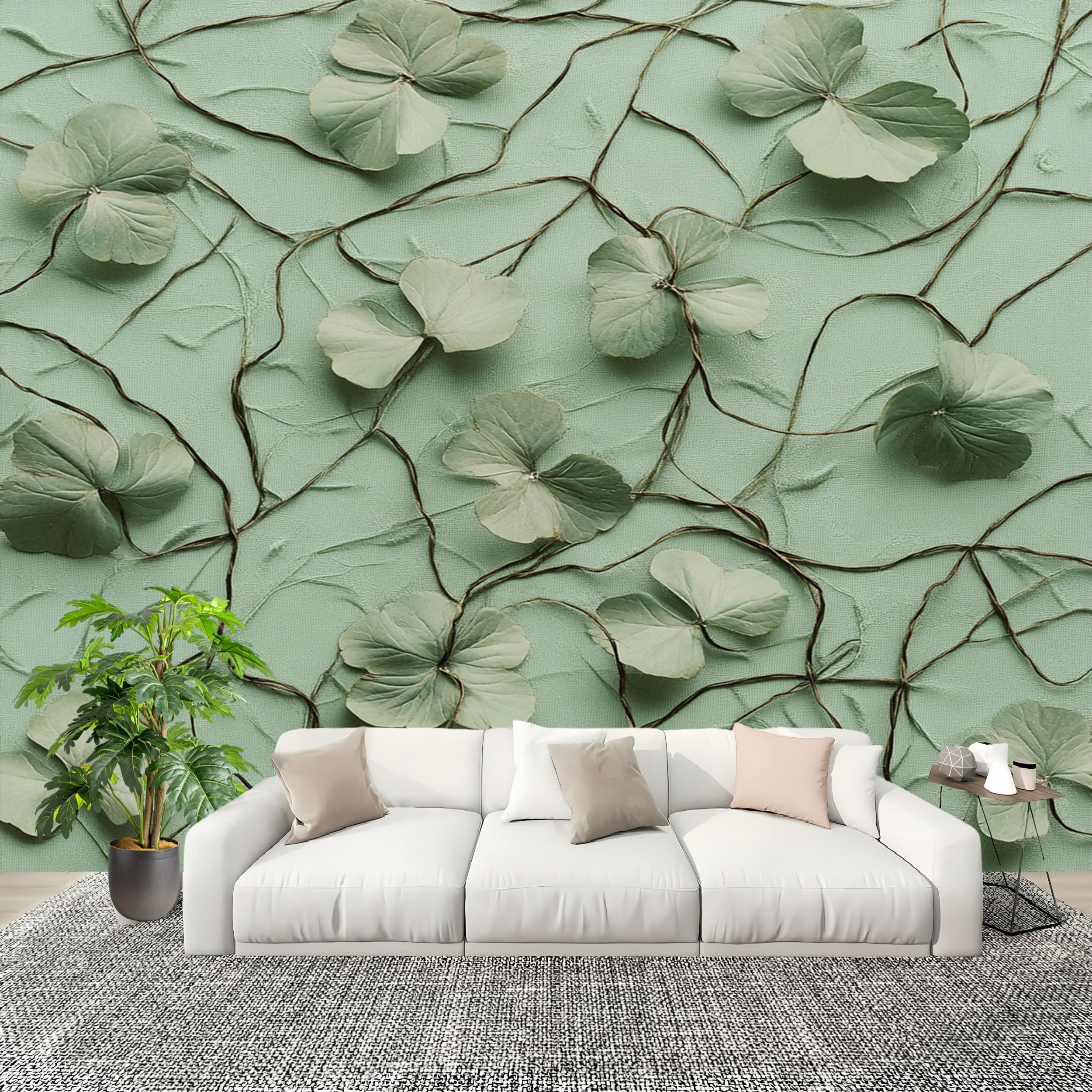Papier peint panoramique vert pour créer un salon nature et un mur de chambre style rétro vigne