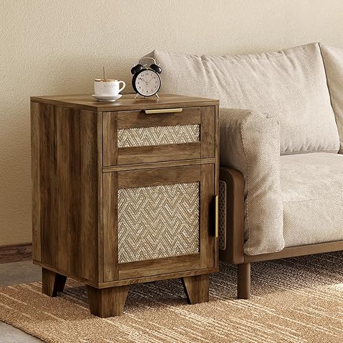 Miniatura 7 de ONBRILL Mesa auxiliar con estación de almacenamiento y carga, mesita de noche de madera de granja con cajones, estante ajustable, mesas auxiliares