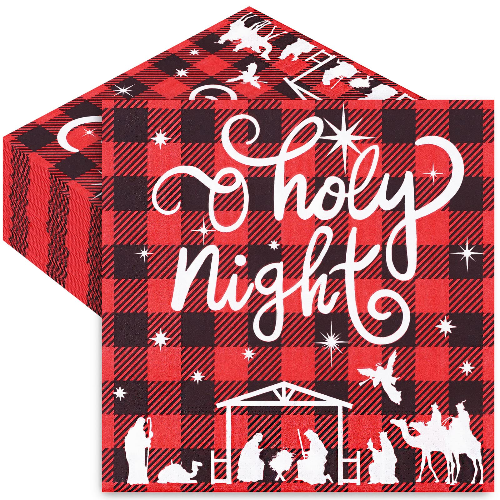 Photo 1 of Whaline 80 Pack Christmas Paper Napkins 6.5 x 6.5 Inch Buffalo Plaid Cocktail Beverage Napkins Holy Night Red Black Check Pattern Disposable Napkins for Xmas Winter Holiday Dinner Party Supplies