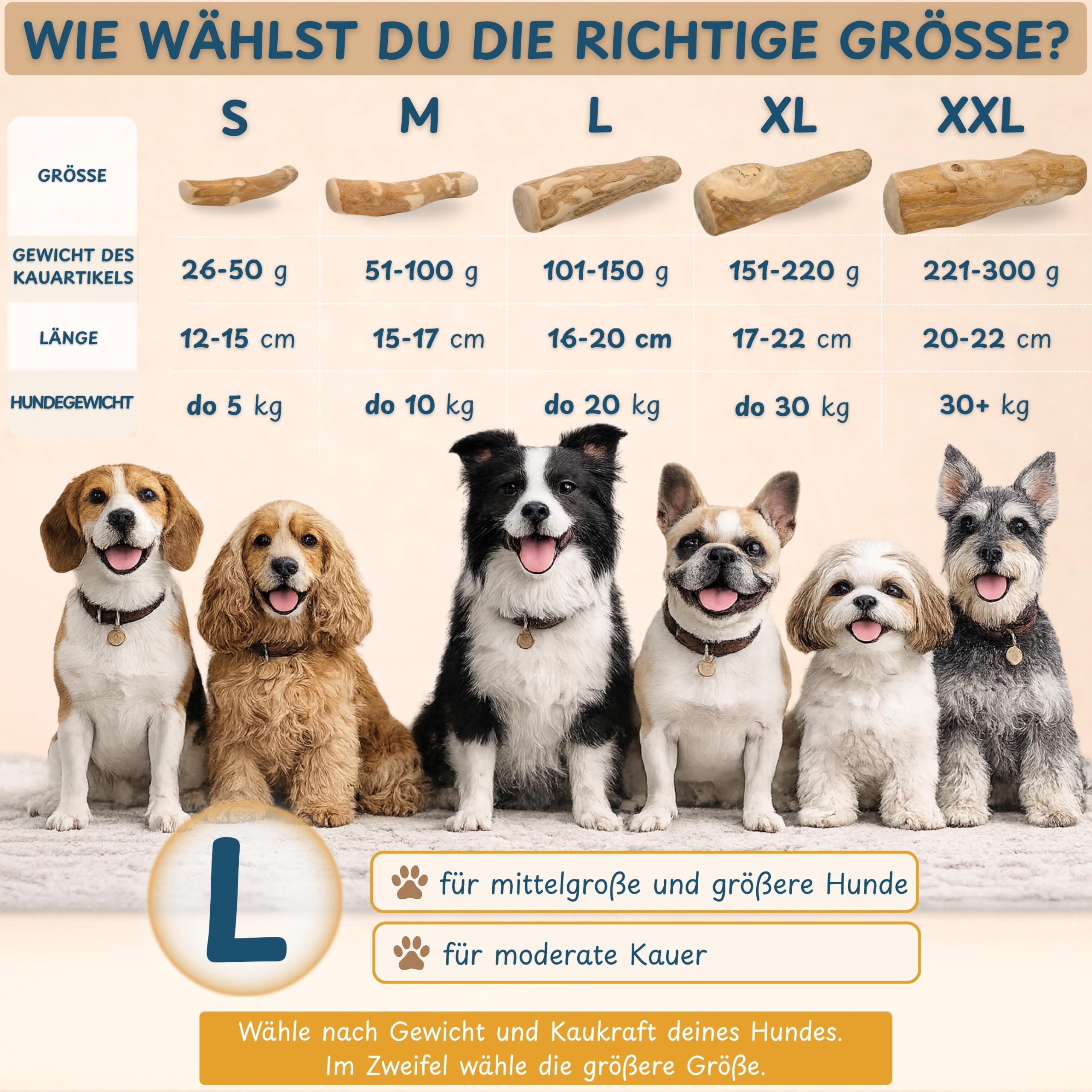 Wildeers Kaffeeholz für Hunde bis 15 kg, 3 Stück je 16-20 cm, Größe L