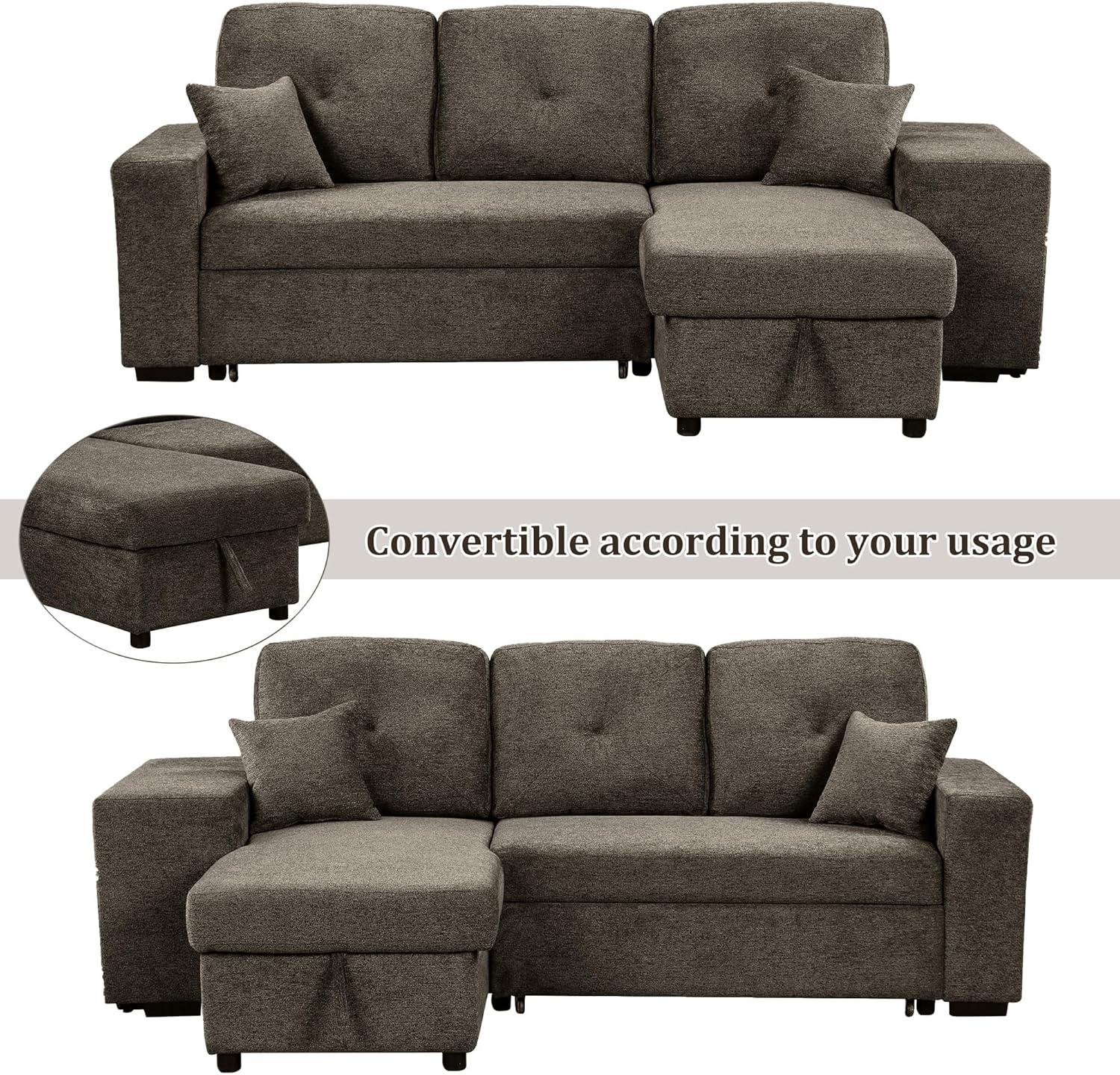 P PURLOVE Sectional Sofa with Pull-Out Sleeper Sofa Bed, Reversible Sectional Sofa with Storage Chaise and 2 Stools, L Shaped Couch Set for Living Room Apartment, Knox Charcoal