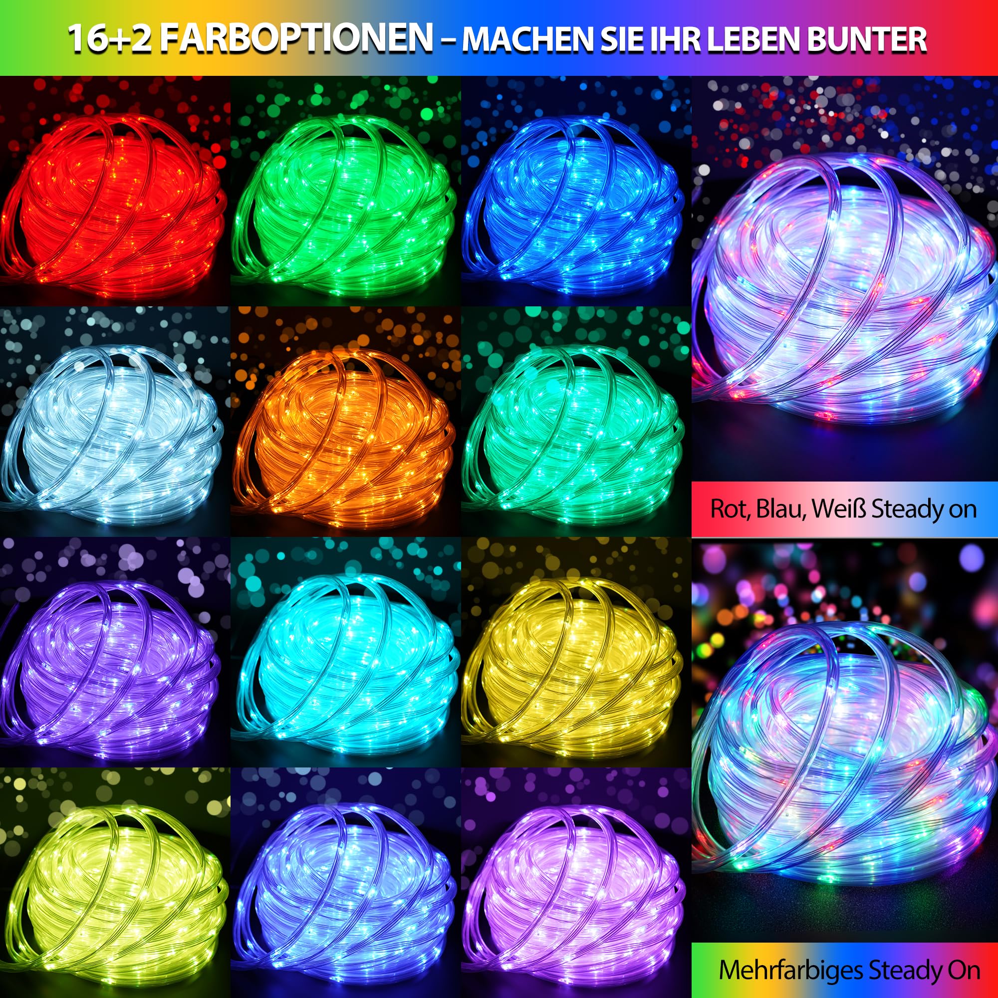 StarryEver Anschließbar 30M LED Schlauch Lichterkette Außen Strom, 300er LED Lichtschlauch Außen Bunt, 18 Farben Lichterkette Innen, Patio Lichterschlauch mit Fernbedienung für Outdoor Garten Balkon