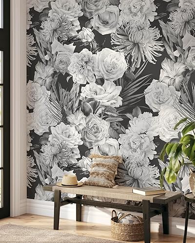 Miniatura 2 de Papel tapiz de rosas blancas y negras, papel tapiz autoadhesivo extraíble para acuarela, papel tapiz floral para despegar y pegar (muestra de 12