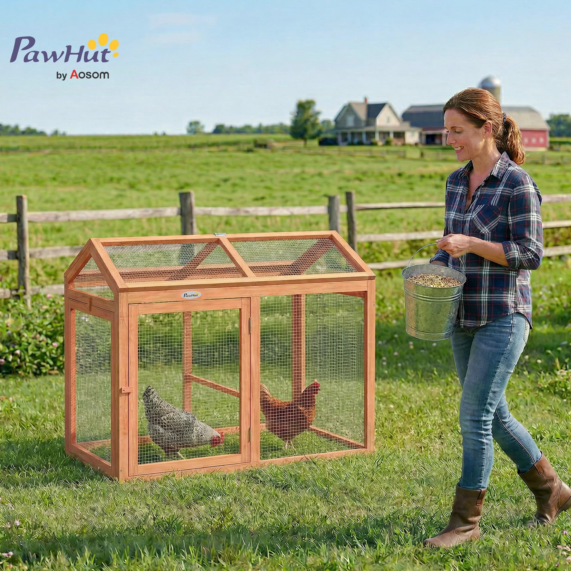 PawHut Recinto - Gallinero combinable, 2 gallinas, 104 x 70,5 x 84 cm, color naranja | Madera Natural, Parque De Malla Modular Y Extensible, Gallinero De Protección, Malla Densa, Ampliación Recinto De Gallina