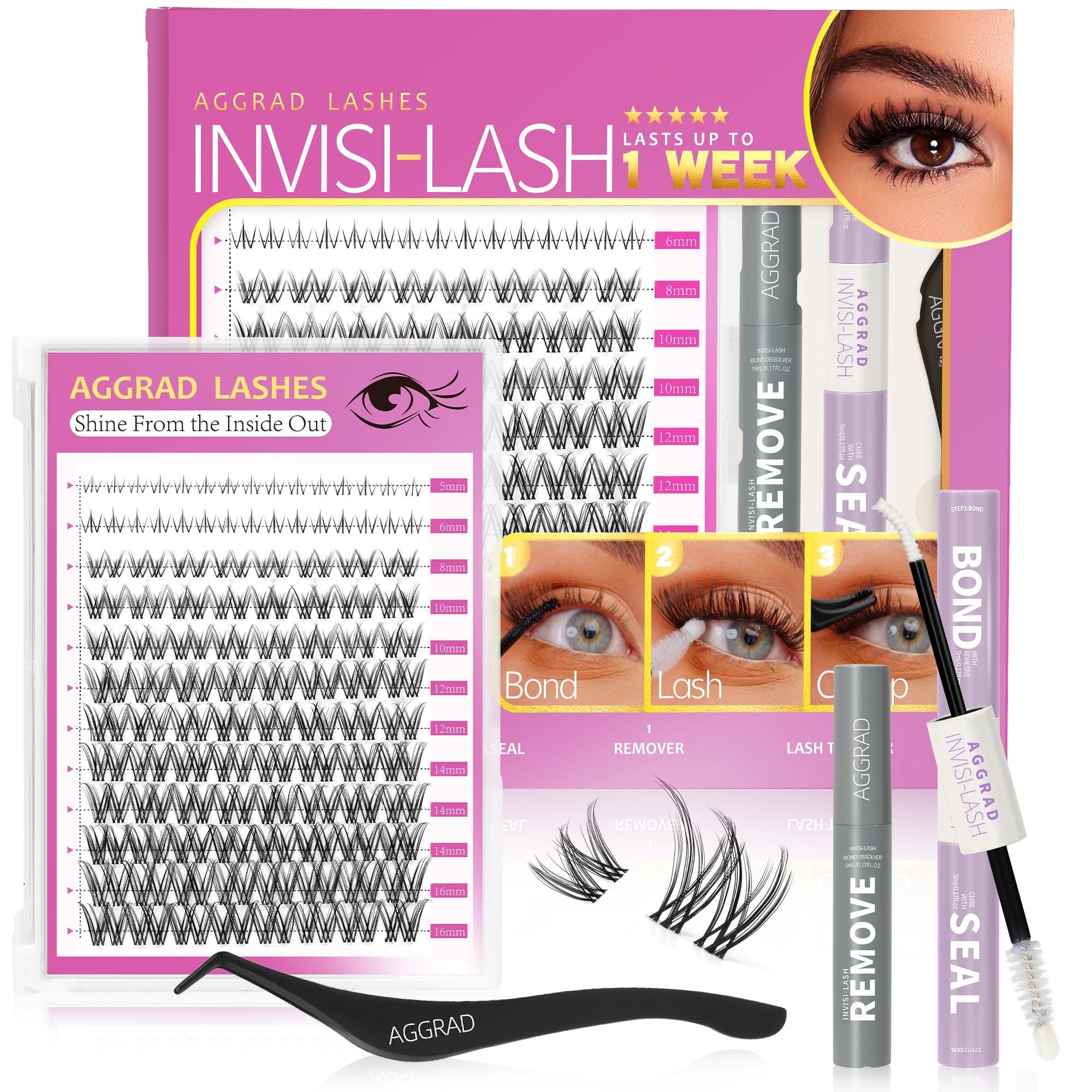 Venus Lash Clusters Kit Wispy 8-16mm with 5-6mm Bottom Lashes Natural Individual False Cluster Eyelash Extension Kit D Curl with Waterproof Bond and Seal & Lash Remover for Fake Lashes Extensions