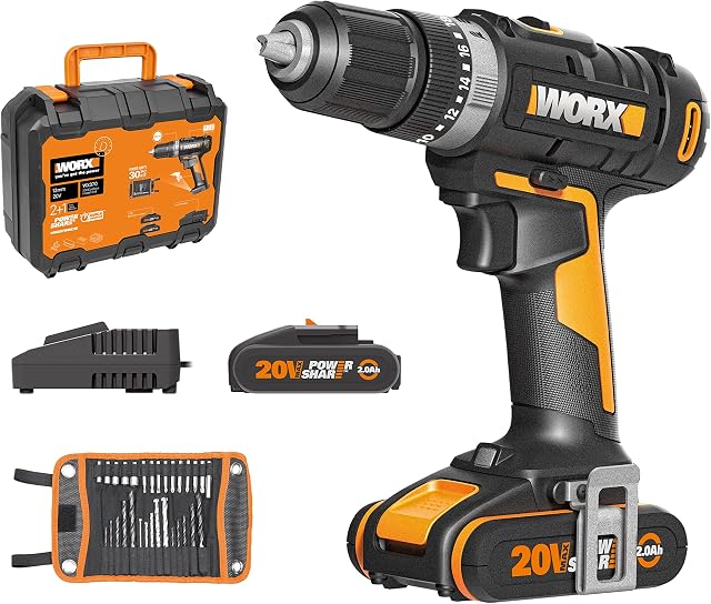 WORX 18V(20V) Cordless Impact Drill Kit WX370, PowerShare, Hammer Drill Max 50N.m, (incl. 2x2.0Ah Batteries and 30pcs Drill bits), 2-Speed Gear, 13mm Keyless Chuck