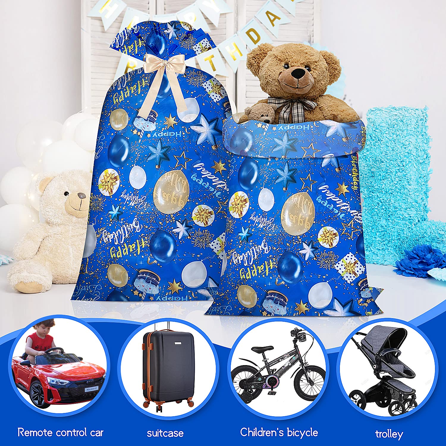 Extra Large Gift Bag Jumbo Giant Gift Bags,Oversized XL Big Huge Gift Bag for Present,Blue Gift Wrap Birthday Bag Plastic Bike Wrapping Bag for Large Gifts for Boy Men Child Kids(48inch 1Pack)