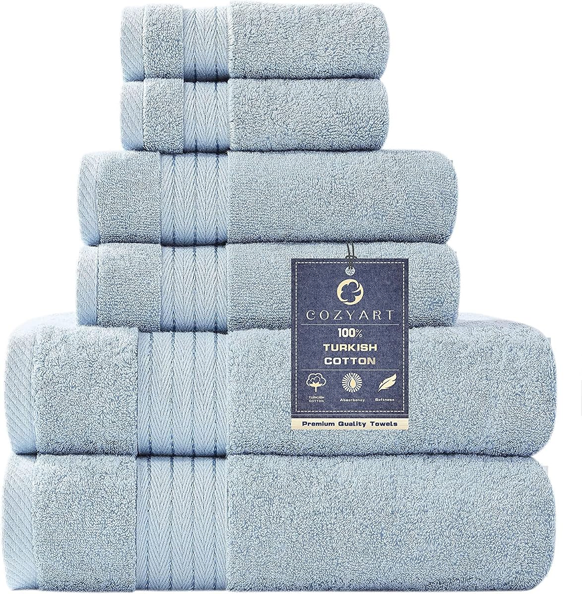 COZYART Luxury Bath Towel Set 6 Pcs, Light Blue 100% Turkish Cotton 650 GSM | OEKO-Tex 100 Certified Zero Twist Ring Spun, Soft Absorbent Quick Dry, Plush Fluffy, Breathable Hotel Quality for Daily Use