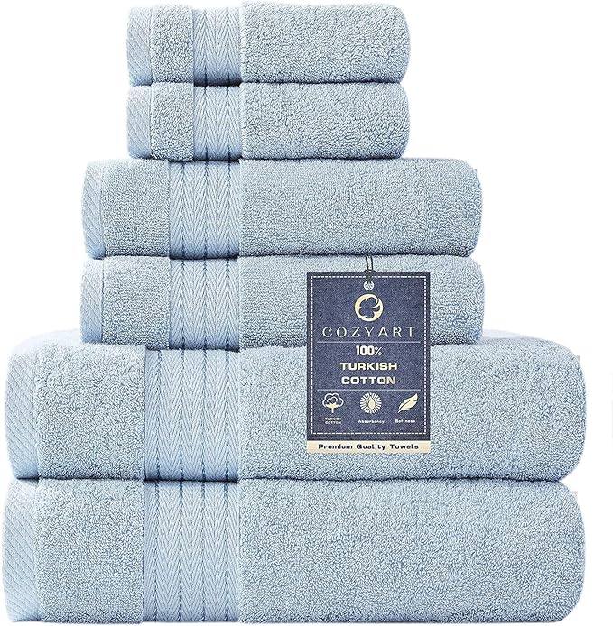 COZYART Light Blue Towel Sets for Bathroom 6Pcs, Turkish Cotton Bath Towel Set Soft Highly Absorbent and Durable 650 GSM Luxury Bathroom Sets with 2 Bath Towels, 2 Hand Towels, 2 Washclothes