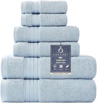 COZYART Luxury Bath Towel Set 6 Pcs, Light Blue 100% Turkish Cotton 650 GSM