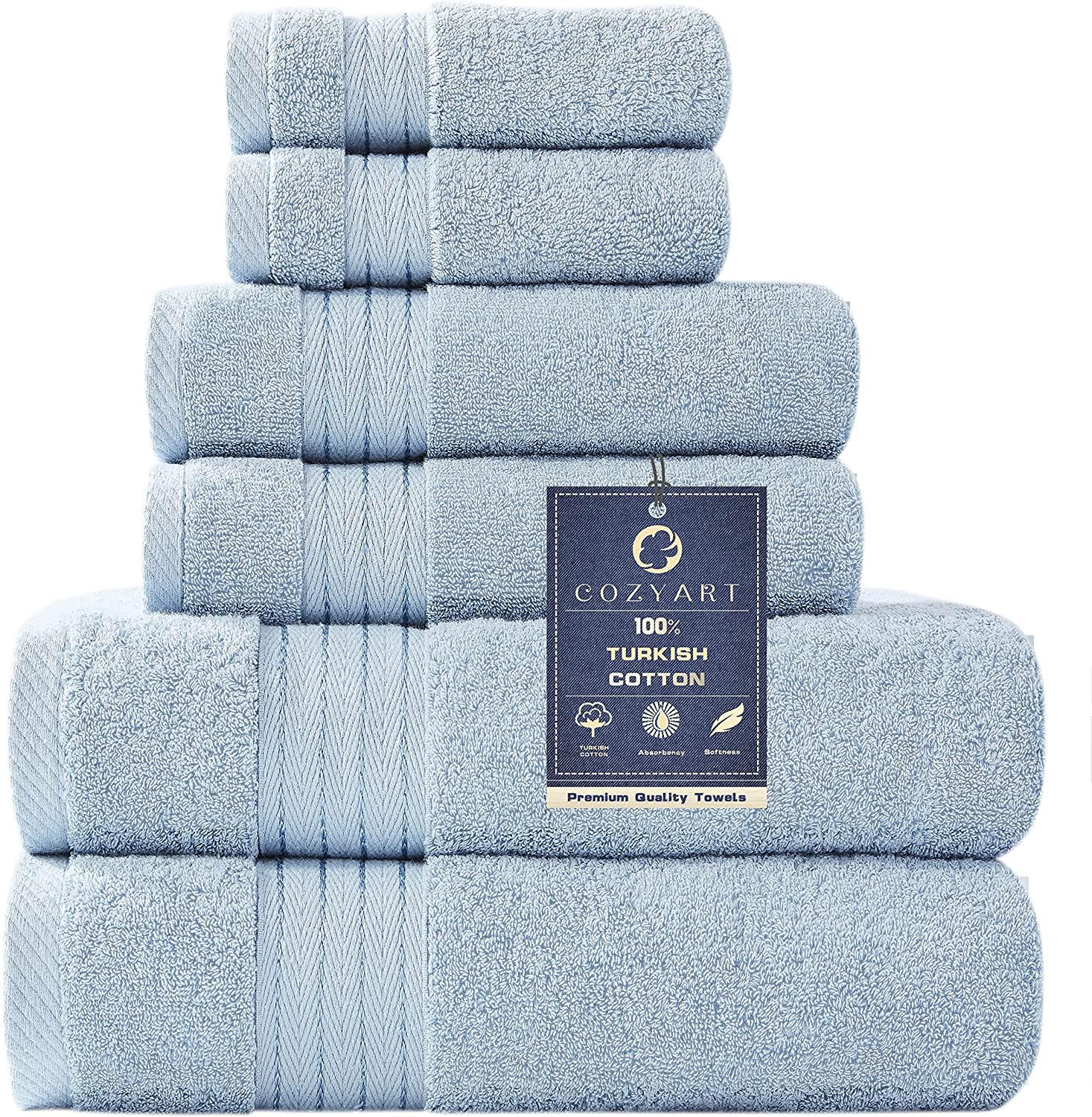 COZYART Light Blue Towel Sets for Bathroom 6Pcs, Turkish Cotton Bath Towel Set Soft Highly Absorbent and Durable 650 GSM Luxury Bathroom Sets with 2 Bath Towels, 2 Hand Towels, 2 Washclothes