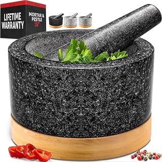 PriorityChef Heavy Duty Granite Mortar and Pestle Set with Bamboo Base - 1.5 Cup Guacamole Grinder Black