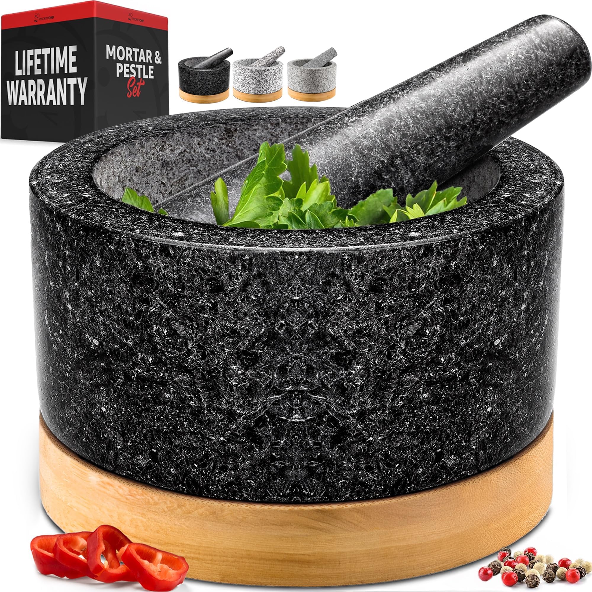 PriorityChef Heavy Duty Mortar and Pestle Set with Bamboo Base, 100% Natural Granite Stone Grinder, Guacamole Bowl and Masher, 1.5 Cups, Black