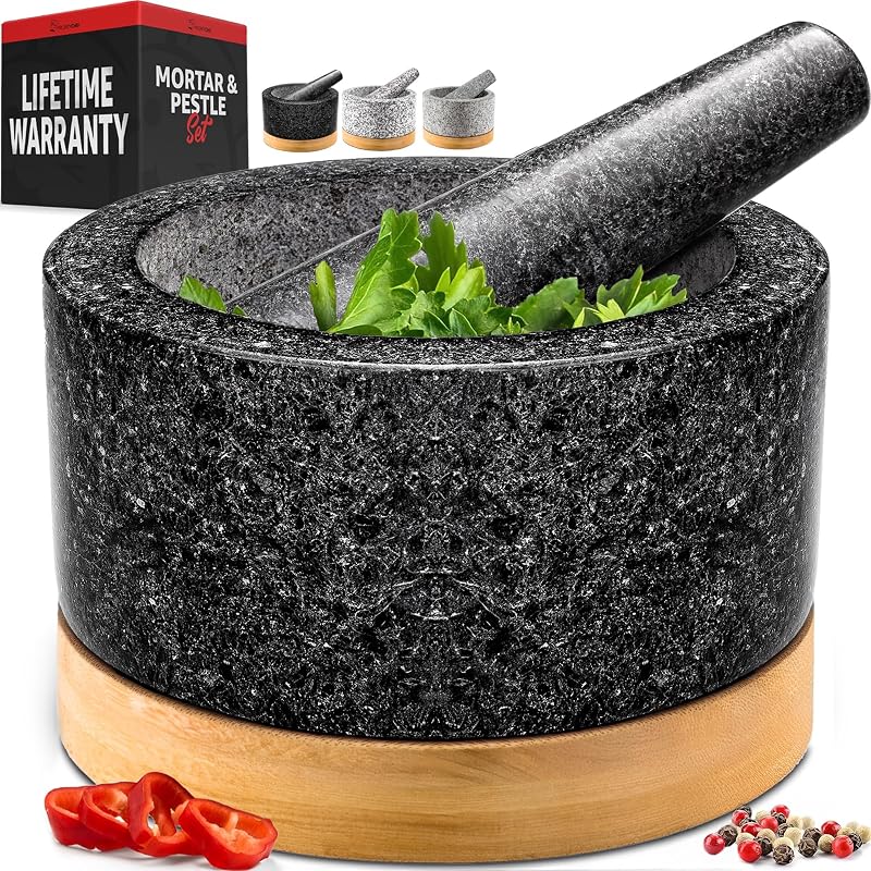 PriorityChef Juego de mortero y mortero resistente con base de bambú, molinillo de piedra de granito 100% natural, cuenco y triturador de guacamole, 1,5 tazas, negro