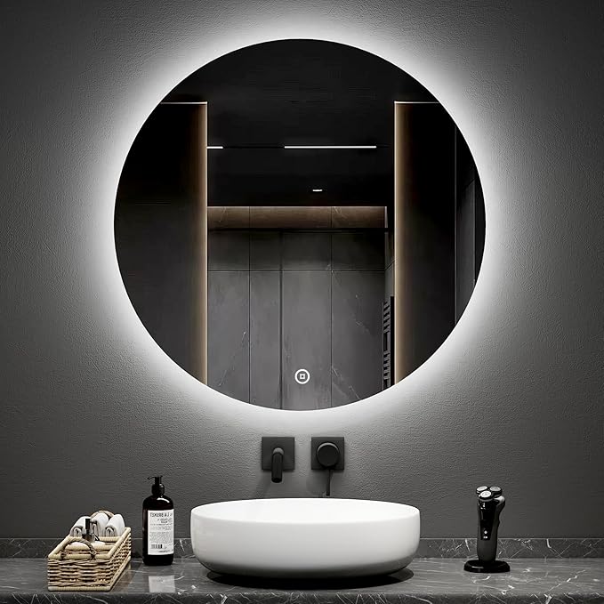 EMKE Round Bathroom Mirror with Led Lights - 80CM Wall Mounted Vanity ...