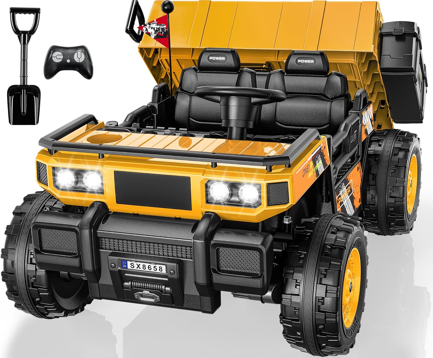 24V 2 Seater Ride On Dump Truck, 4x100W, w/Remote Control, 132 Lbs, Yellow