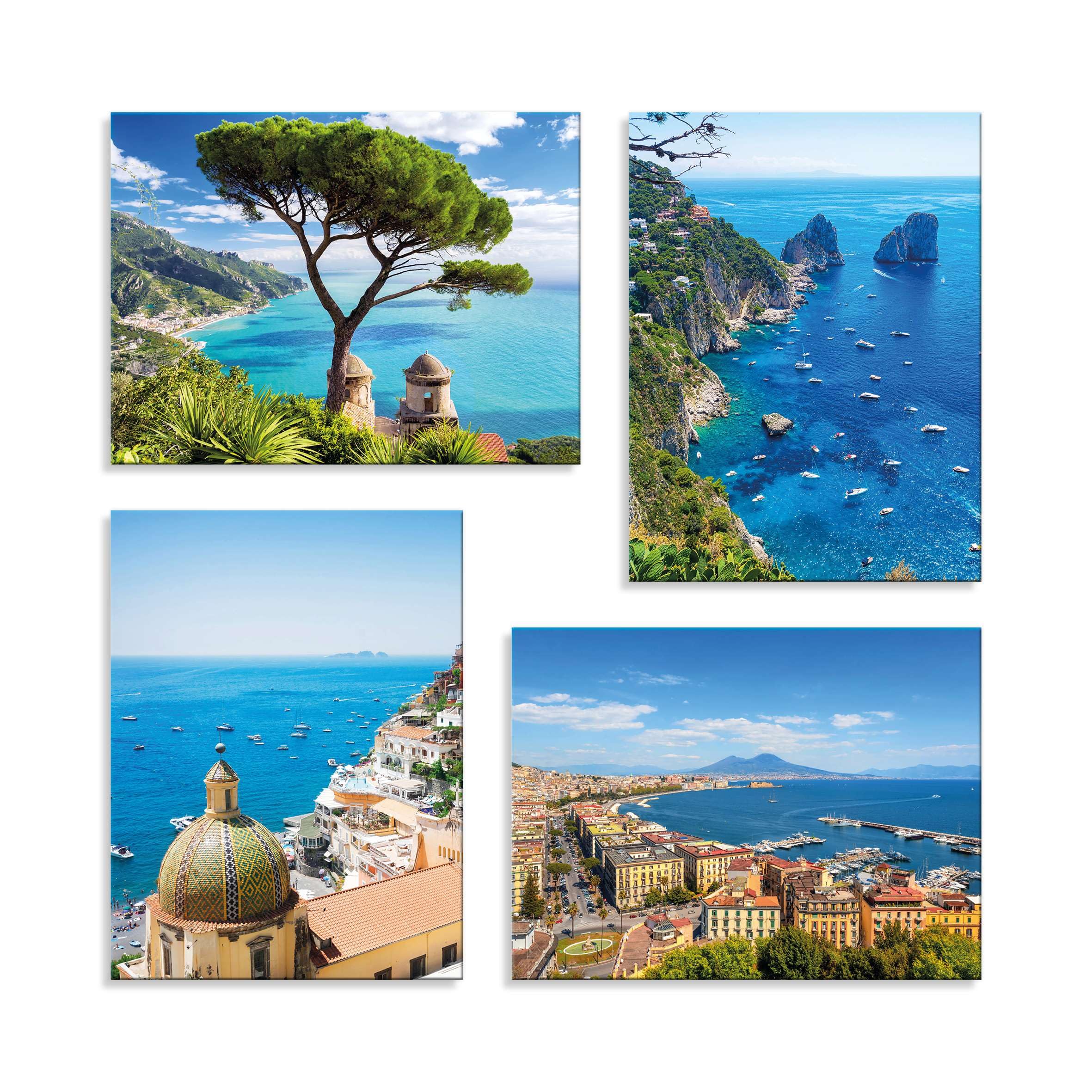 Set 4 Quadri 40x30 cm - Stampa su Tela con telaio in legno - Paesaggi Italiani – Panorama Amalfi, Capri, Napoli, Positano