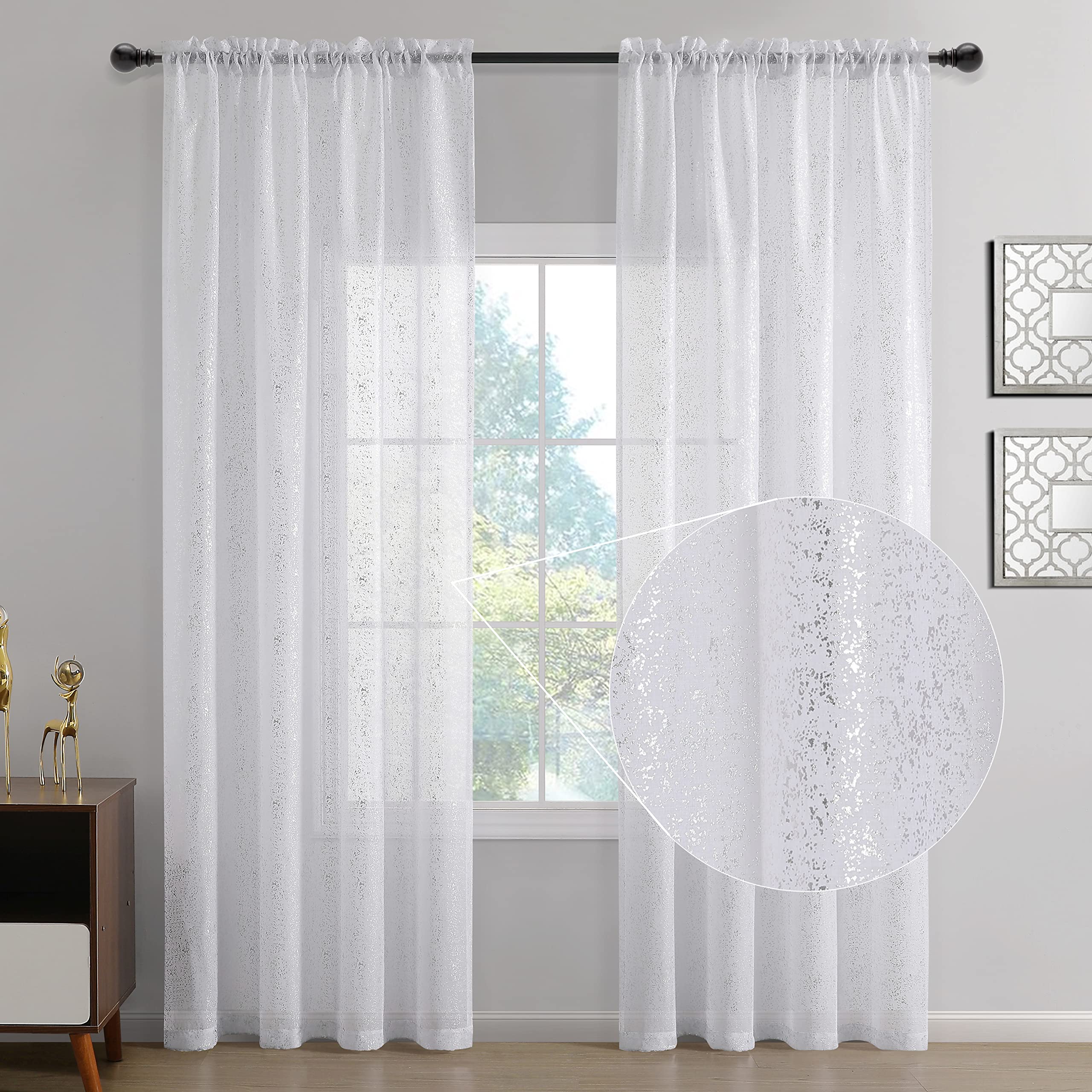 TERLYTEX Tende velate bianche argentate, lunghezza 274 cm, in lamina argentata metallizzata, con glitter, tende trasparenti per soggiorno, con tasca per asta, 132 x 274 cm, 2 pannelli, bianco argento