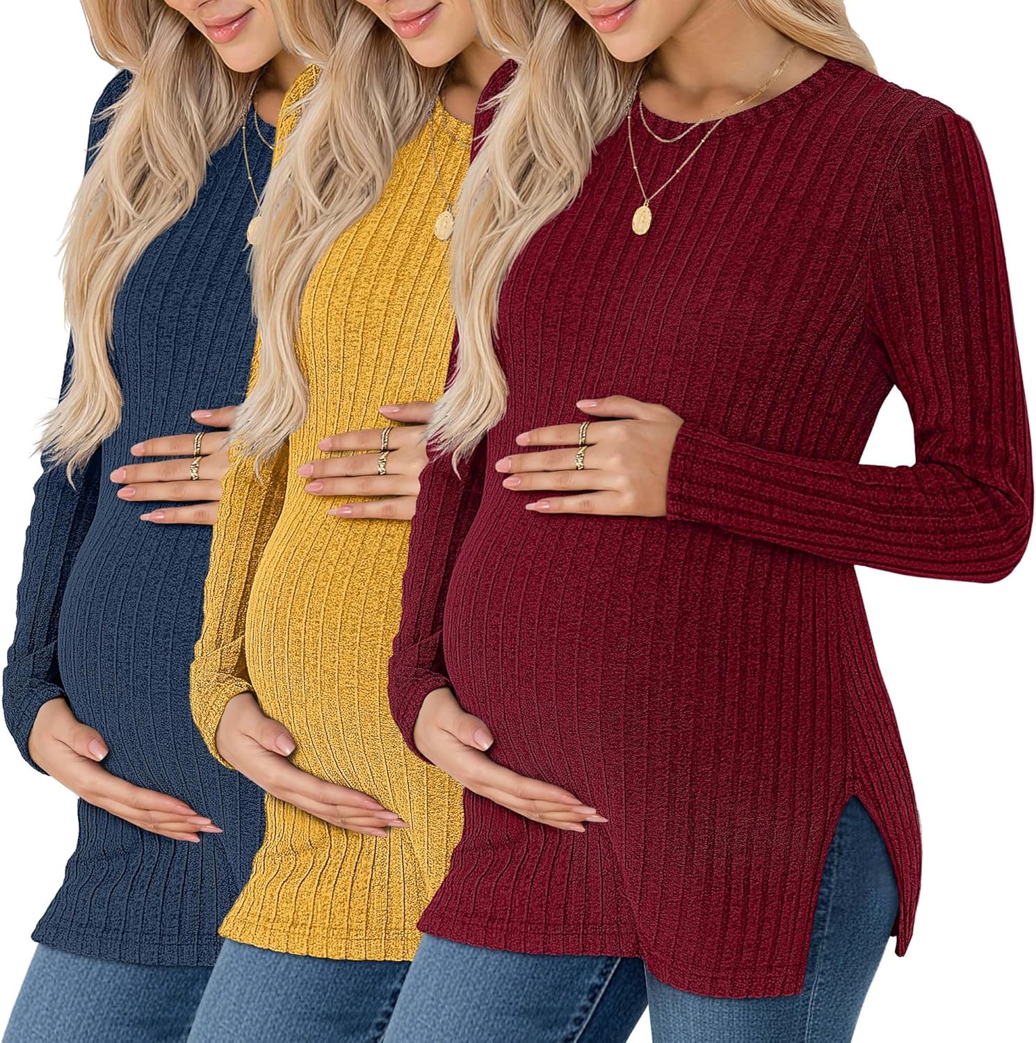 3 Pack Women's Maternity Shirts, Ribbed Long Sleeve Pregnancy Sweaters Knit Split Side Crew Neck Tunic Tees Tops