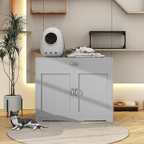 Miniatura 7 de Caja de arena para gatos, caja de arena con enchufe oculto, 2 puertas, almacenamiento para baño con cajón, color blanco