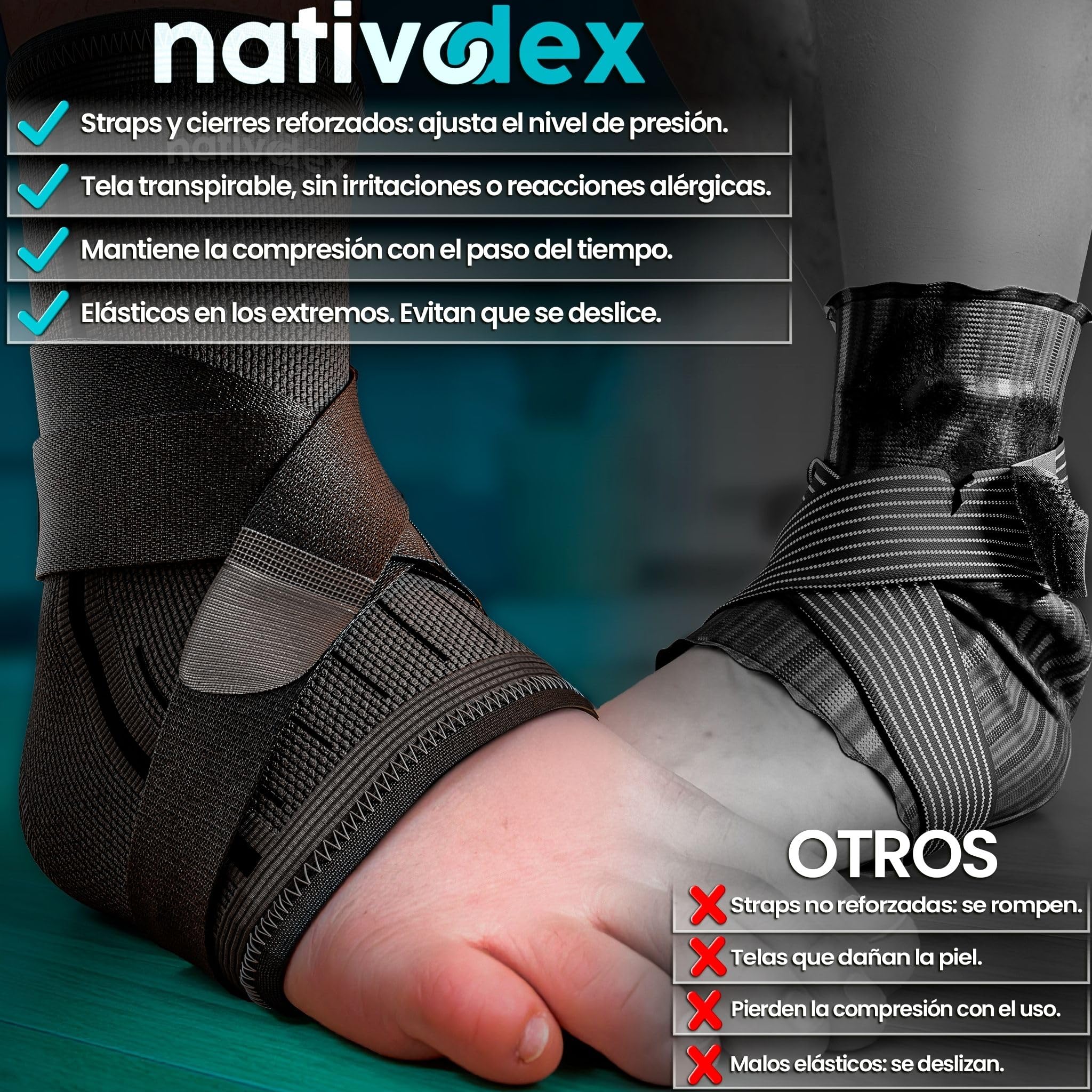 NativoDex Tobillera para Estabilizar y Prevenir Torceduras, Soporte y Compresión para Lesiones en el Tobillo, Deportiva con Ajuste Personalizado, para Ambos Pies