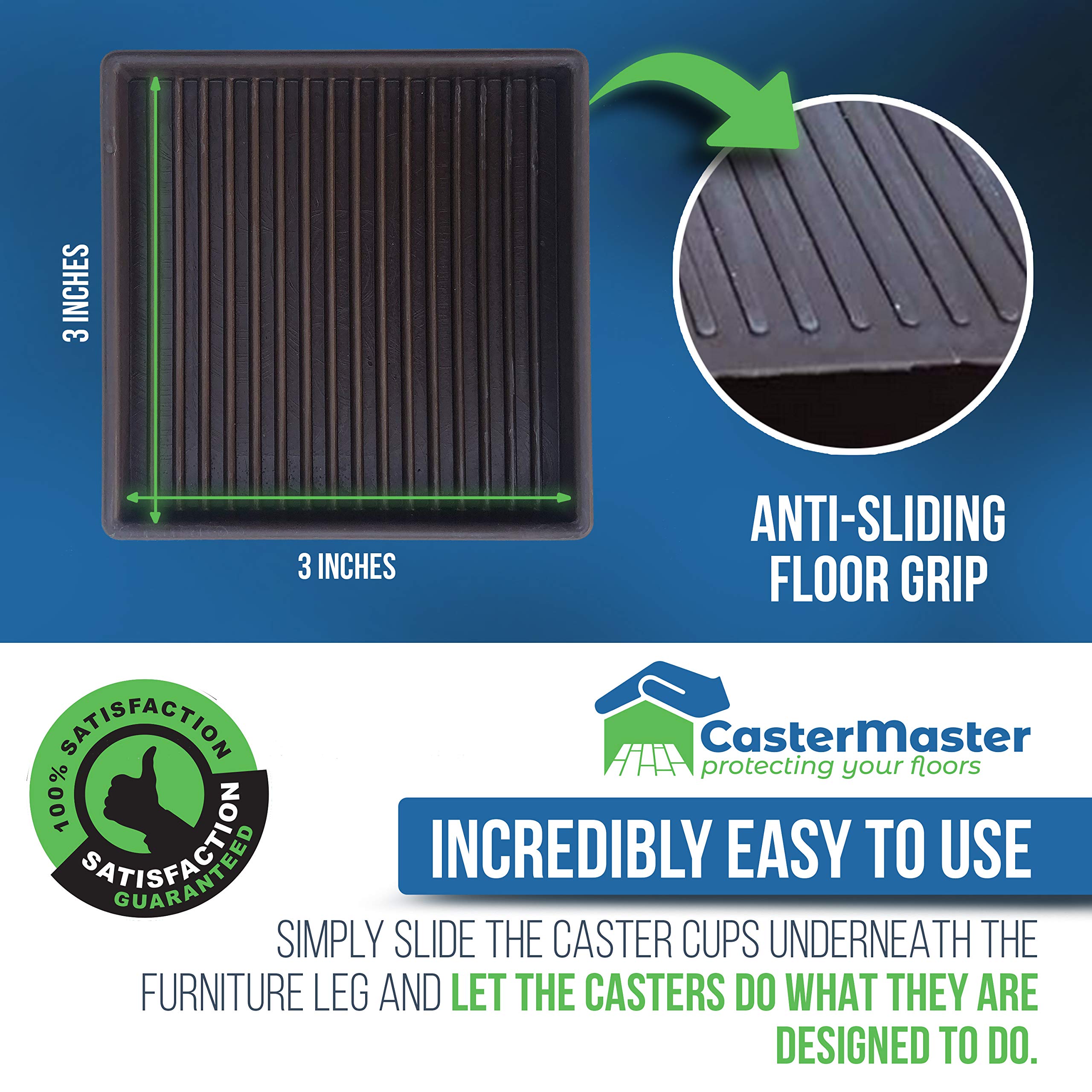 CasterMaster 3X3 Square Rubber Furniture Caster Cups with AntiSliding