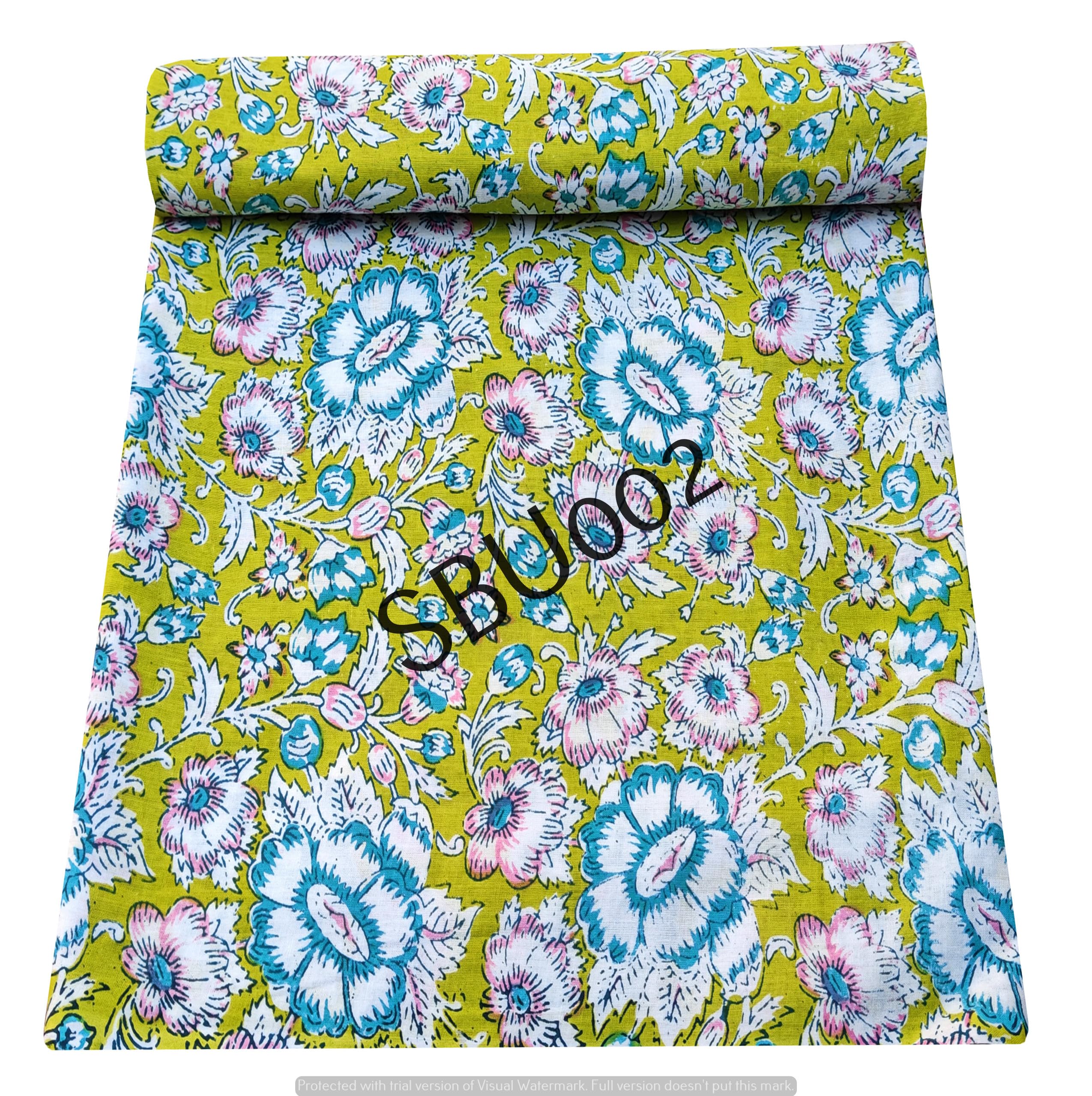 Malan bai Cotton Traditional Design Natural Running Hand Block Floral Printed Fabric Material for Dresses & Home Decor (2 Meter_Green)-image-27