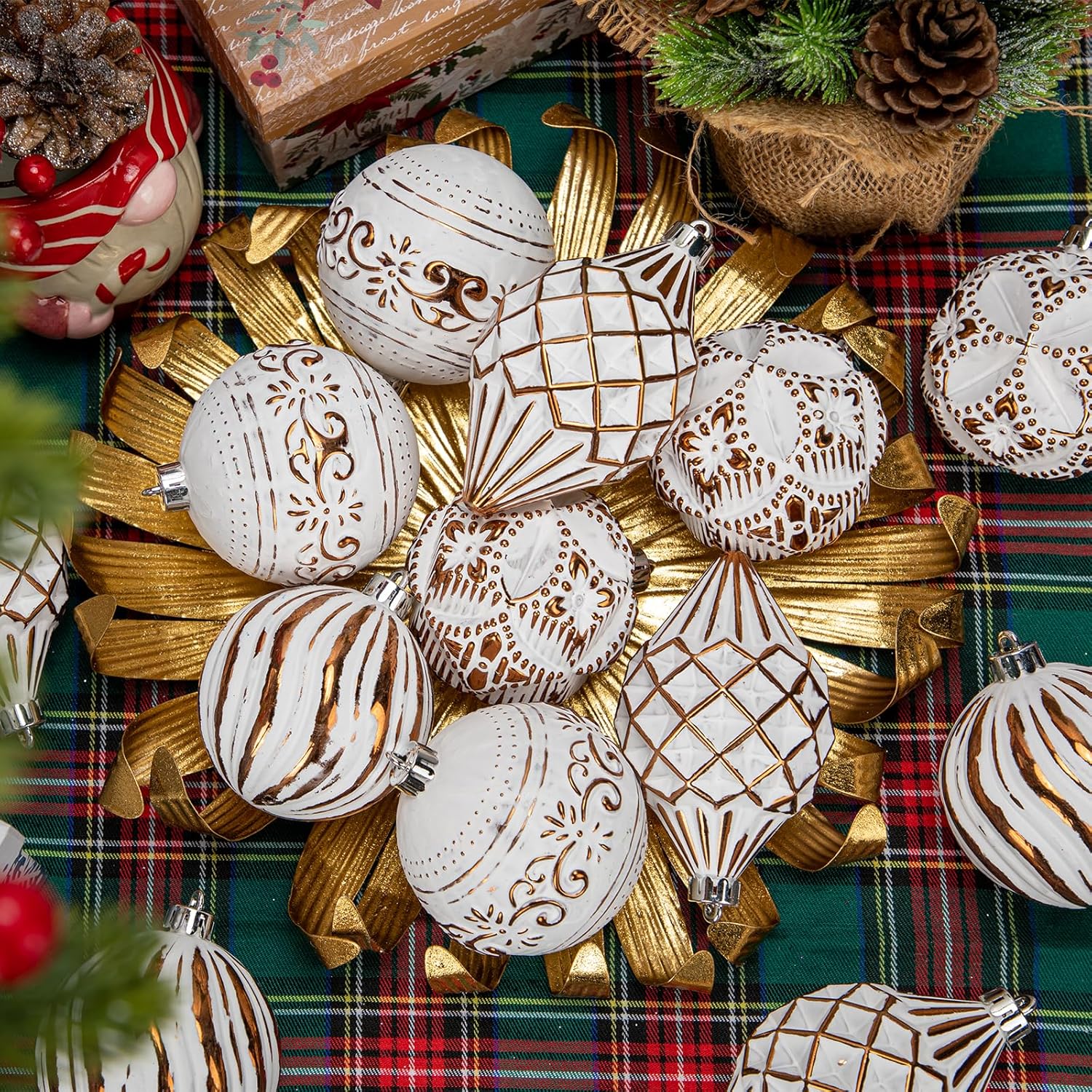 16PCS Shatterproof Christmas Ball Ornaments Set, Hand-Painted Holiday Decor with Assorted Sizes & Designs for Christmas Tree Thanksgiving Party Decoration, Bronze-White
