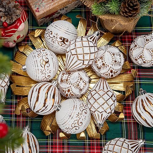 Miniatura 3 de Juego de 16 adornos de bolas de Navidad inastillables, decoración navideña pintada a mano con varios tamaños y diseños para árbol de Navidad,