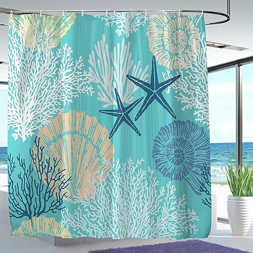 Items - Cortina de ducha náutica costera, decoración de playa de coral con estrellas de mar y conchas marinas, cortinas de ducha con temática