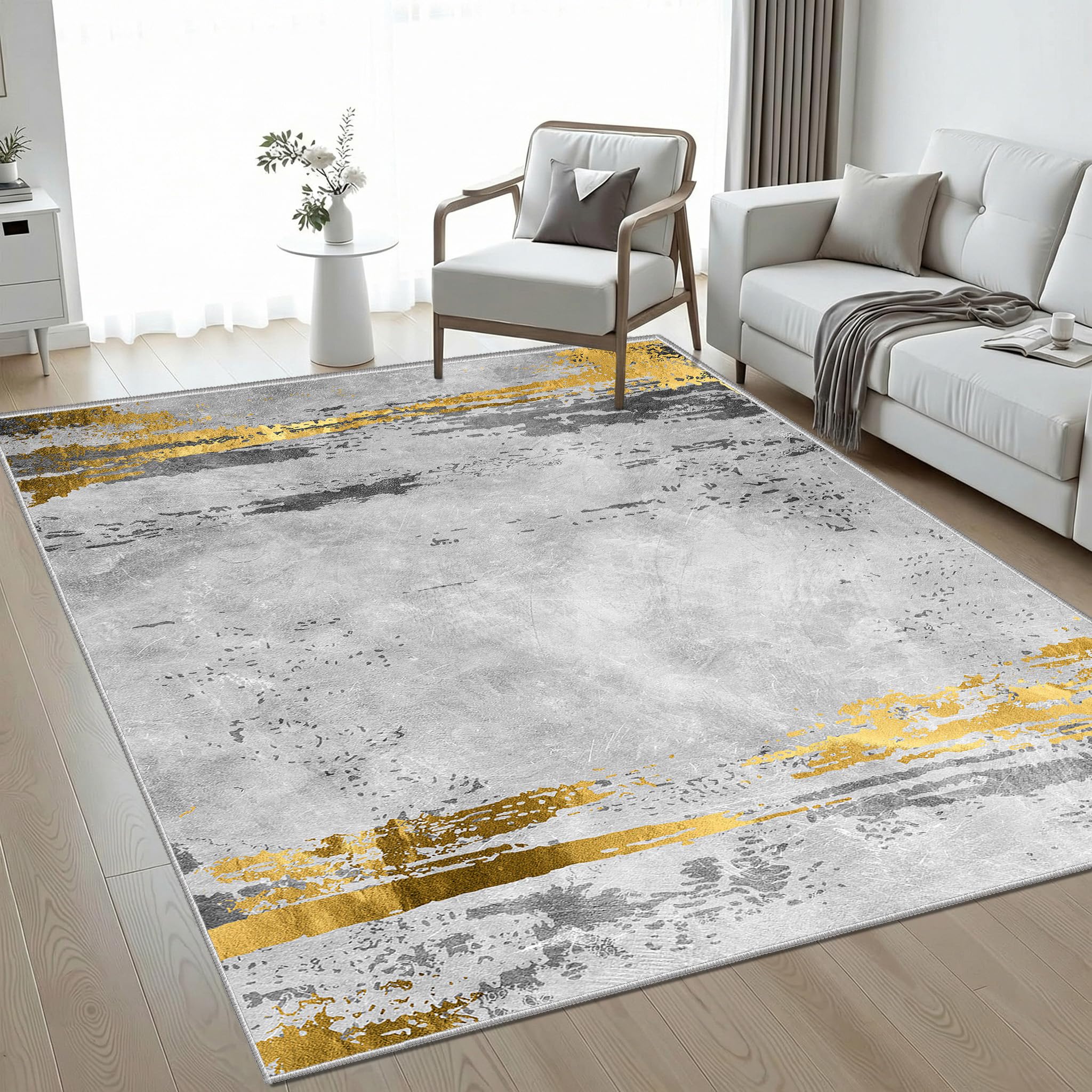 WQMMD Washable Rugs Living Room 80x160cm Grey and Gold Rug Modern Abstract Thin Area Rugs for Bedroom Non-slip Short Pile Floor Carpet for Dining Room Kitchen Laundry Office โ image 1