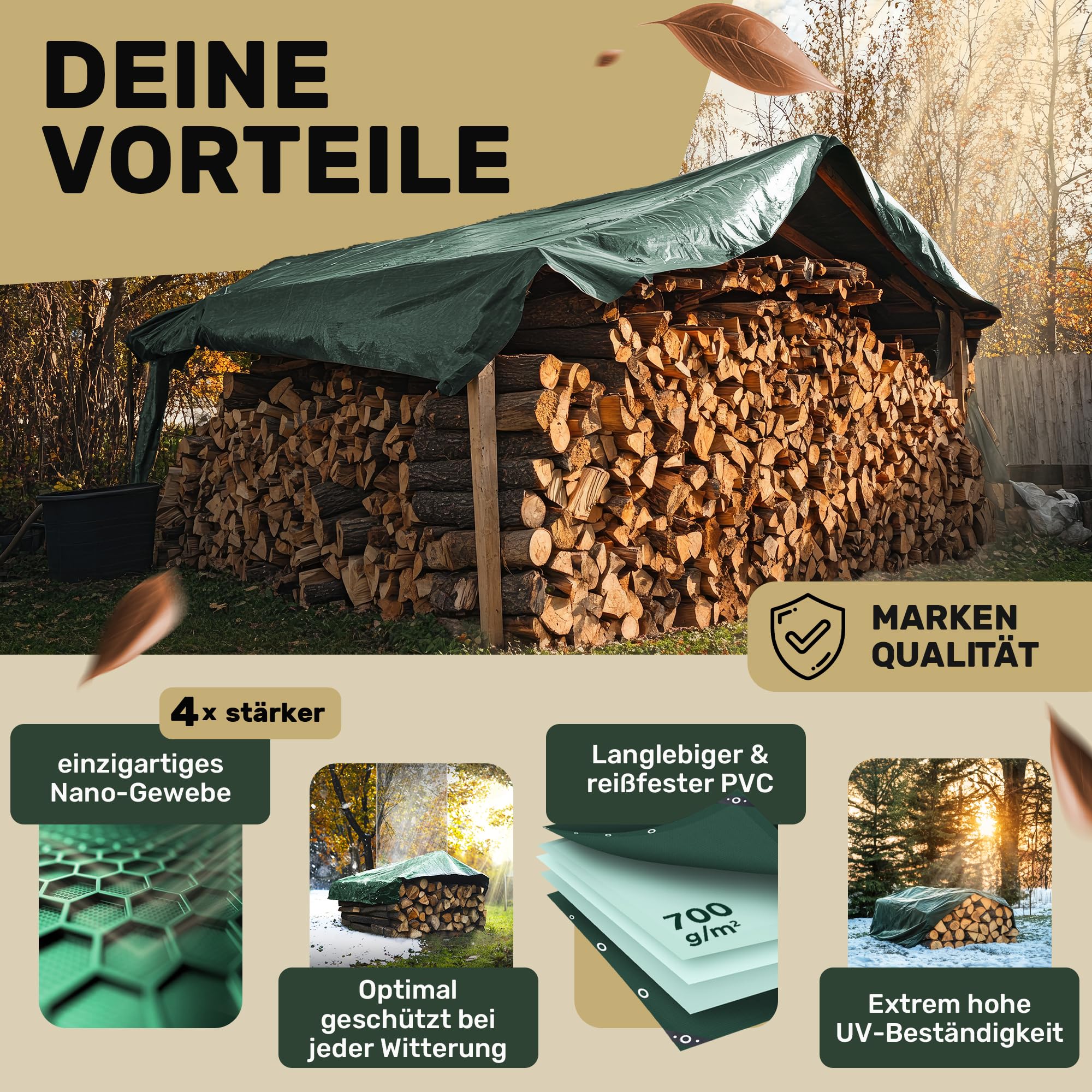 Plandeka Premium wodoodporna, ekstremalnie odporna na rozdarcia, trwała, odporna na UV, opatentowana ochrona - 5 lat gwarancji - plandeka z oczkami, tkana, łodzie, meble ogrodowe, drewno (700 g/m², 15
