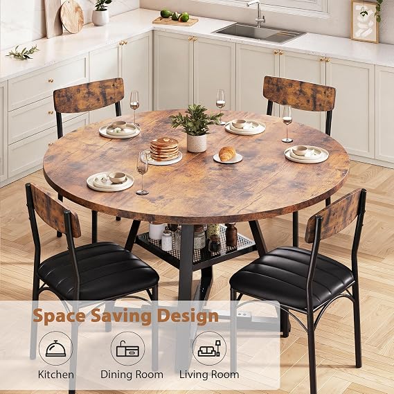 Dining Table Set for 4,Kitchen Table and Chairs for 4, Round Dining Room Table with Upholstered Chairs, 5 Piece Space Saving Circle Wood Kitchen & Dining Room Dinner Dinette Table Set (Vintage, 42In)