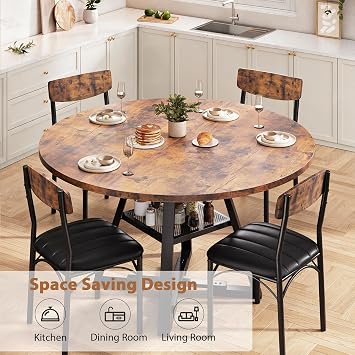 Dining Table Set for 4,Kitchen Table and Chairs for 4, Round Dining Room Table with Upholstered Chairs, 5 Piece Space Saving Circle Wood Kitchen & Dining Room Dinner Dinette Table Set (Vintage, 42In)