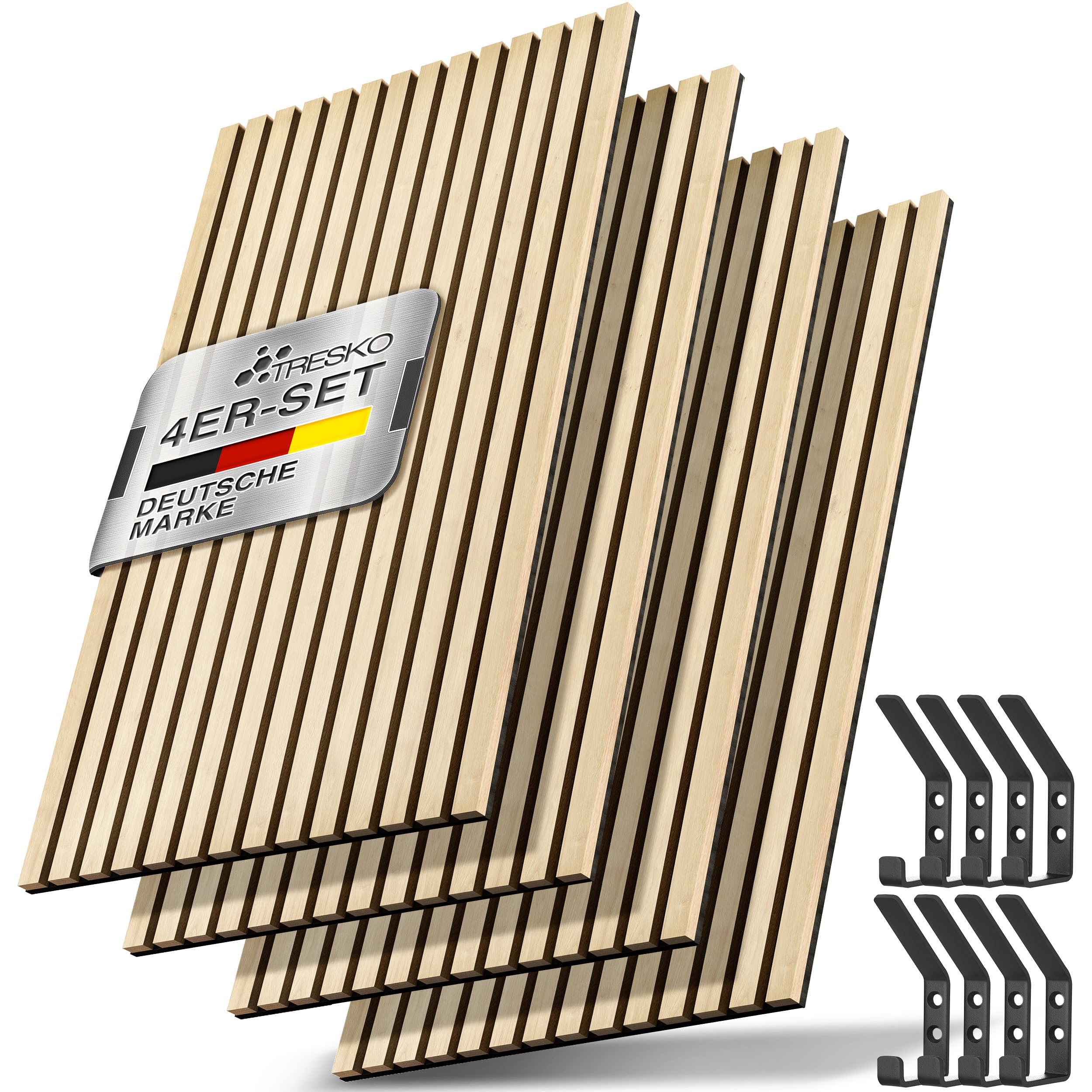 TRESKO® Akustikpaneele Holz 120×60x2,1 cm inkl. Kleiderhaken | Wandverkleidung als 3D Lamellenwand | Holzpaneele Paneele für Schallschutz | Akustik Wandpaneele (4 Stück/Eiche Hell)