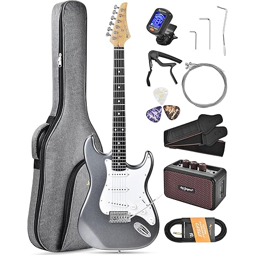 Leo Jaymz Beginner Electric Guitar Complete Kit with Portable Amp, Padded Gig Bag & Full Accessories, Maple Neck SSS Pickups (Gray)