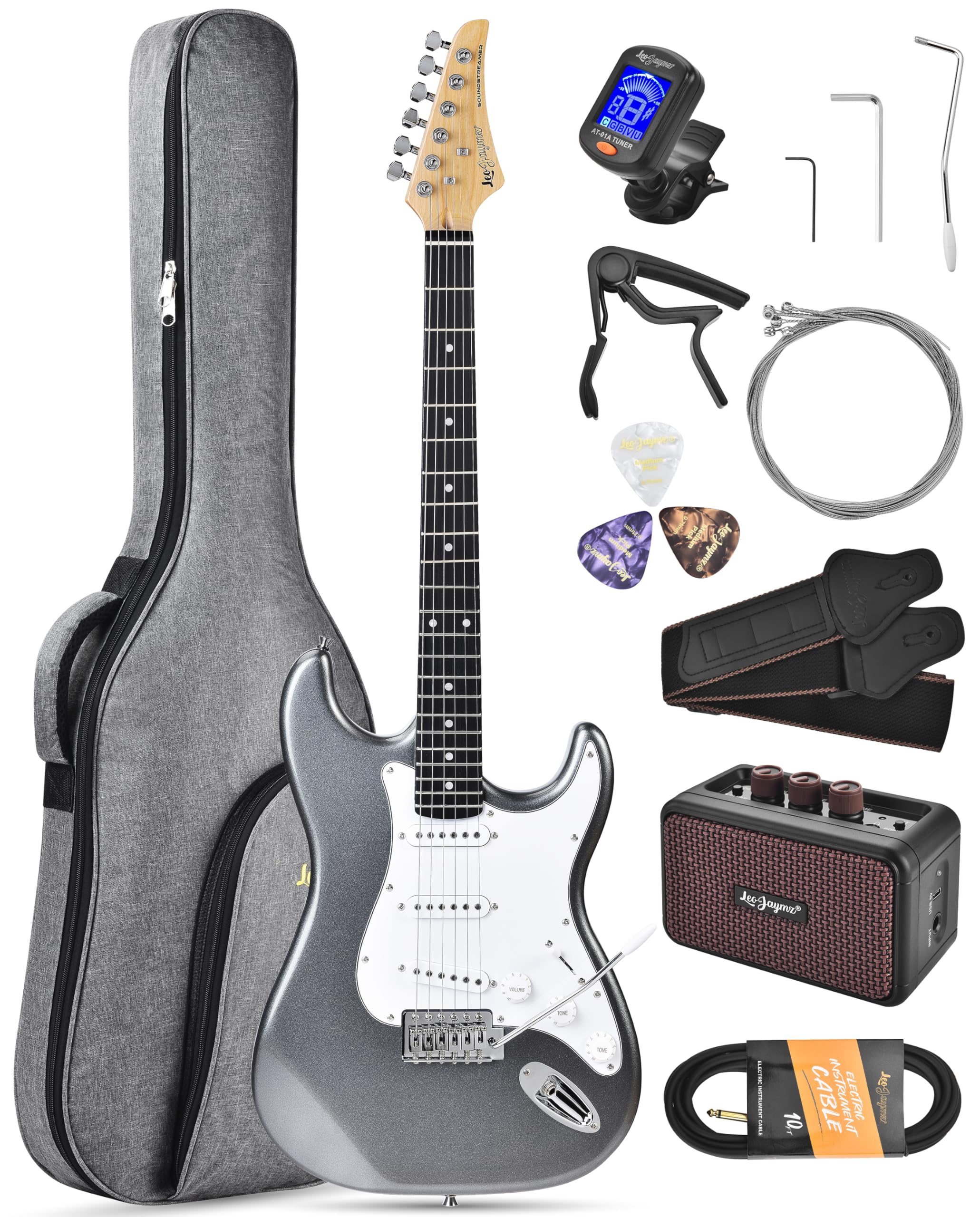 Beginner Electric Guitar Complete Kit with Portable Amp, Padded Gig Bag & Full Accessories, Maple Neck SSS Pickups (Gray)