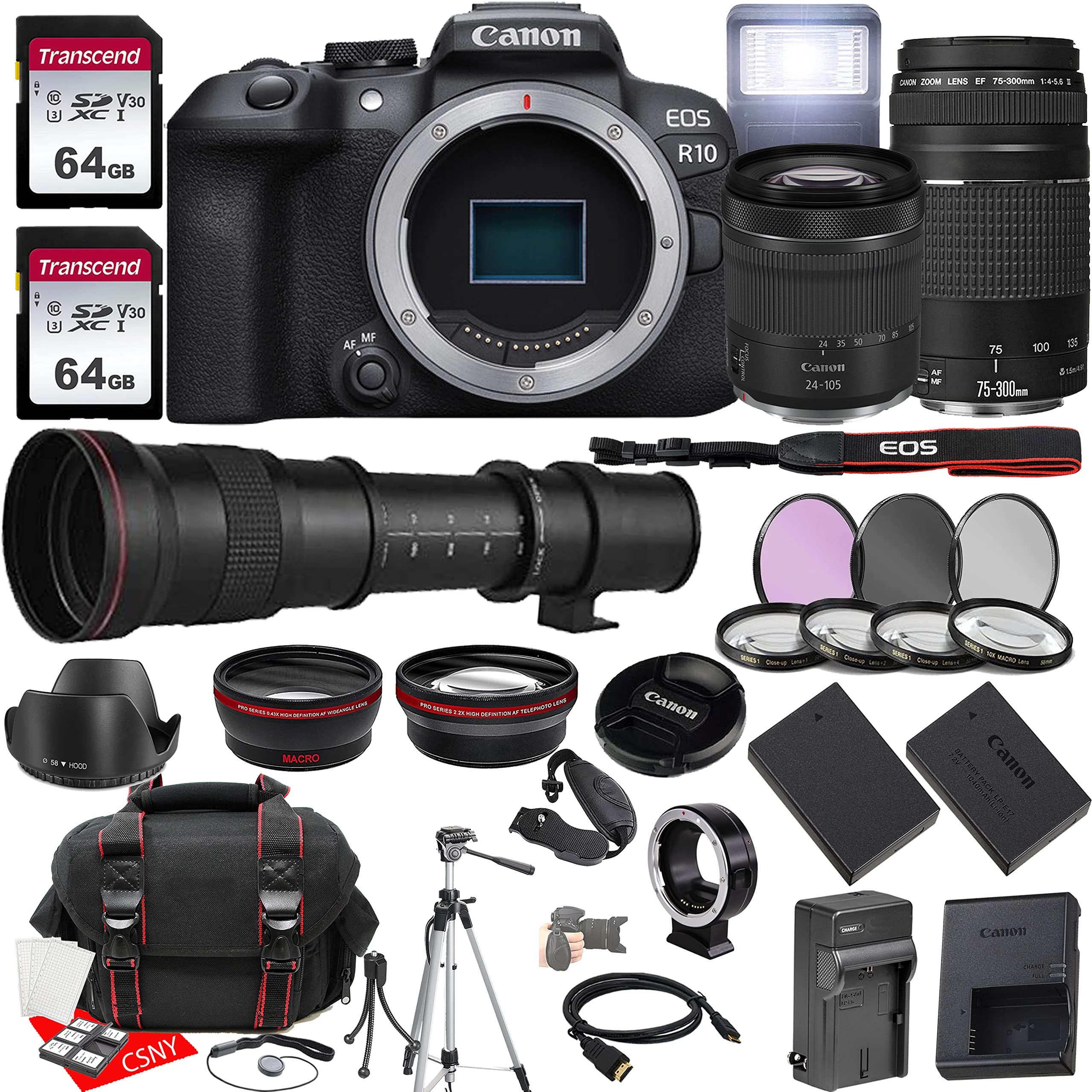Canon EOS R10 Mirrorless Camera w/RF 24-105mm f/4-7.1 is STM Lens + EF 75-300mm f/4-5.6 III Lens + 420-800mm f/8.3 HD Telephoto Lens + 2X 64GB Memory, Hood, Case, Filters, Tripod & More (35pc Bundle)