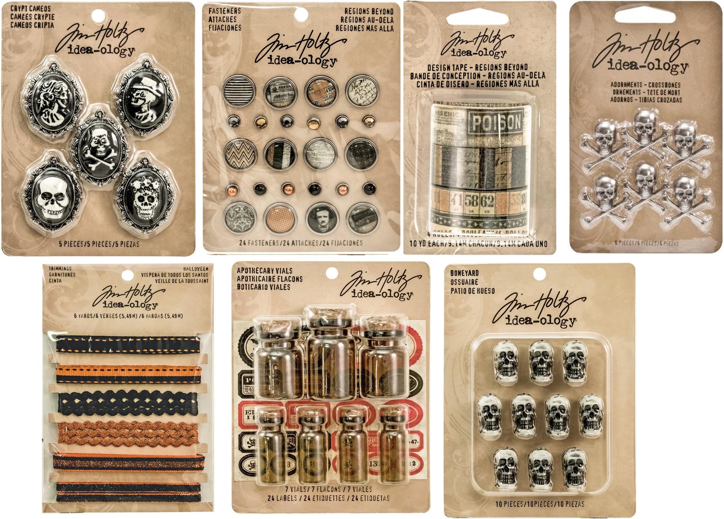 Tim Holtz Idea-ology Halloween - Gothic Bundle - Regions Beyond Fasteners & Design Tape, Apothecary Vials, Skulls, Metal Crossbones, Crypt Cameos and Trimmings