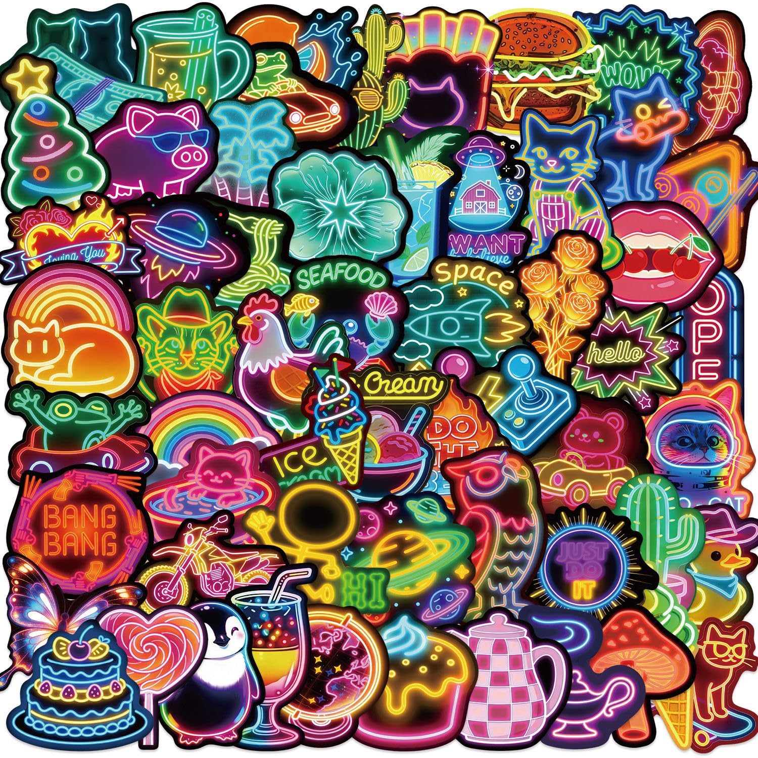 Pack of 60 Neon Colourful Cartoon Vinyl Stickers Waterproof Self-Adhesive