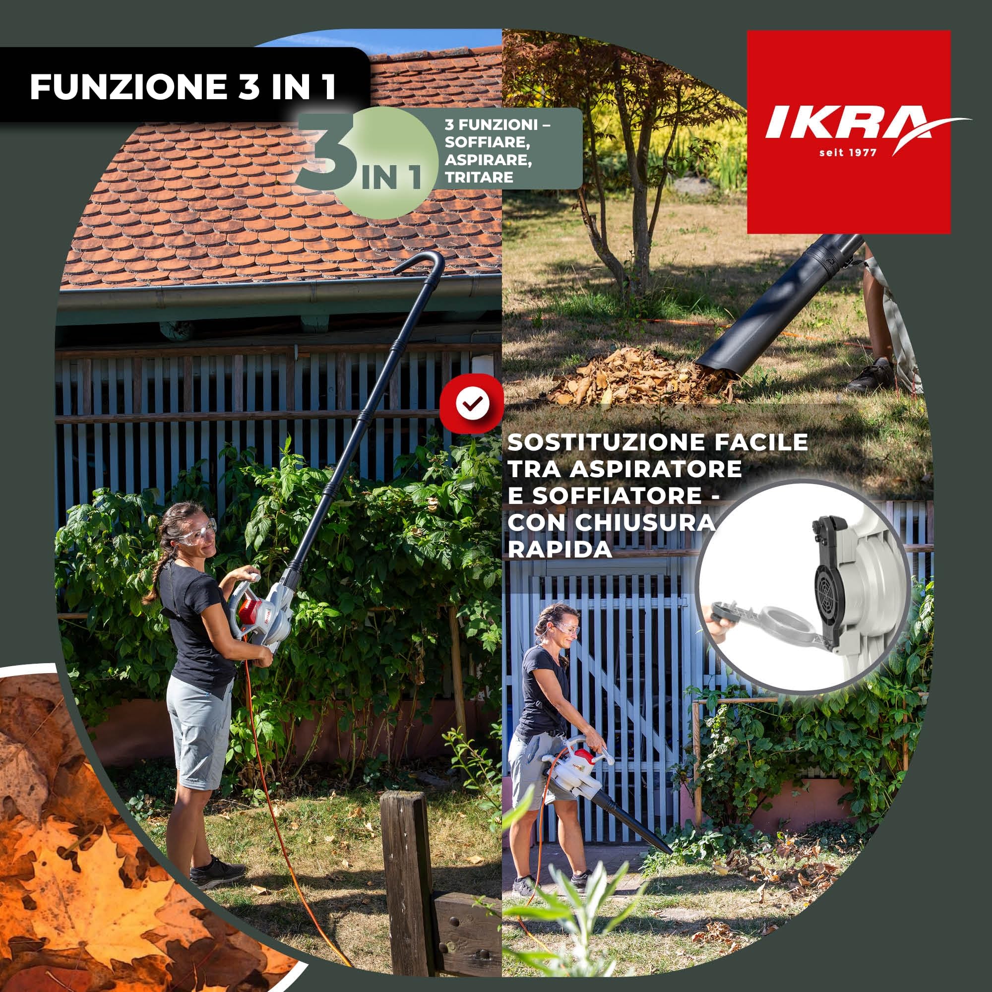 IKRA aspiratore soffiatore elettrico IEBV 3200 3in1, incl. prolunga per la pulizia delle grondaie, 3200 W
