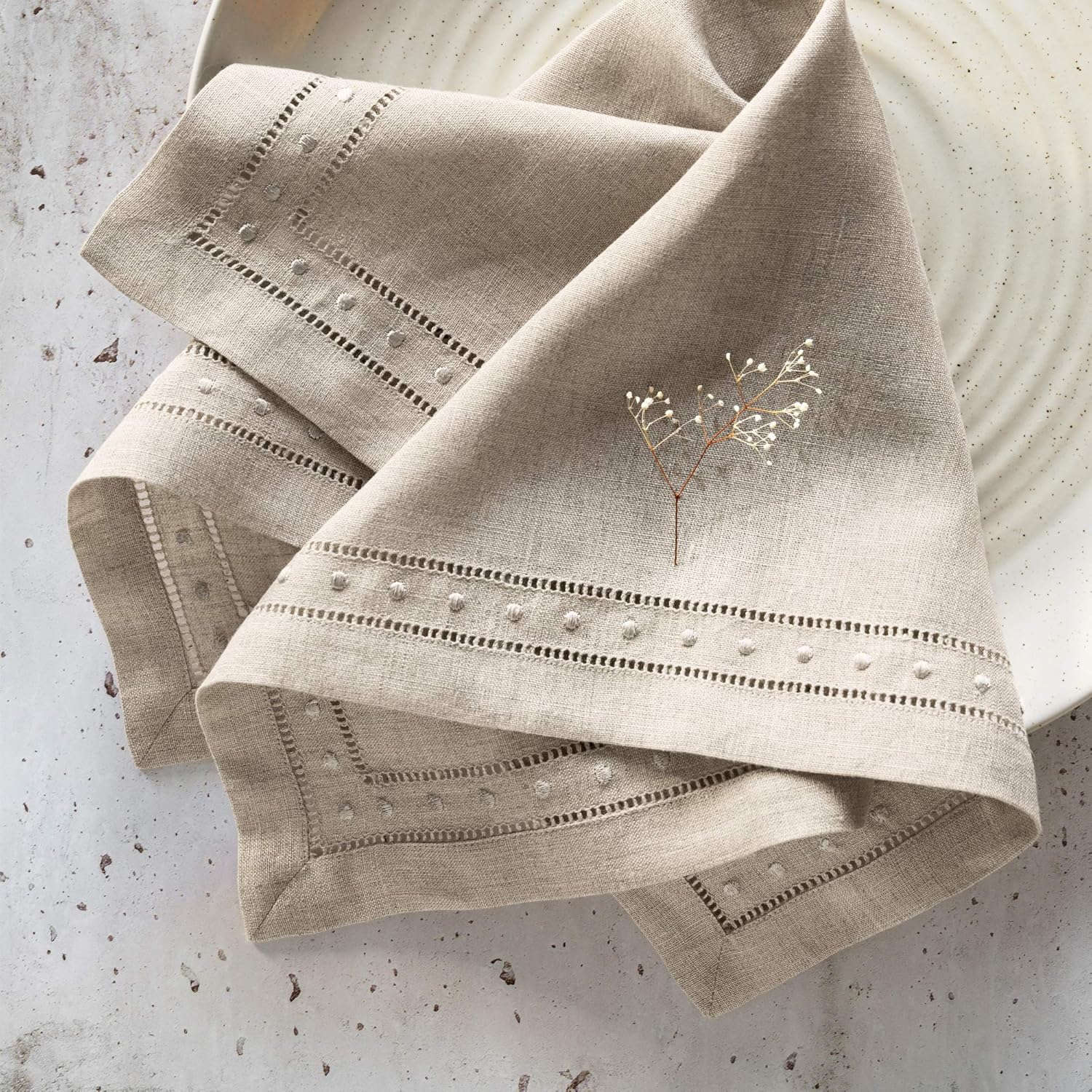 Linen Napkins Set of 4-100% Flax Linen Natural Dinner Napkins with Embroidered Dot 18 x 18 inch - Hemstitch Cloth Napkins Washable for Valentines Day, Winter and Spring Decor - Image 2