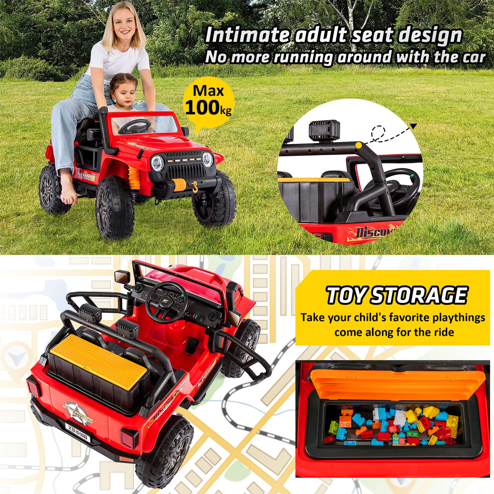Auto Elettrica per Bambini 12v, Auto Elettrica con Telecomando, modalità Genitore, 3 Posti, USB Bluetooth. Telecomando, Soft Start, Motori 2 * 35w. Clacson, Luce Anteriore. 3-7 Km/H,Red